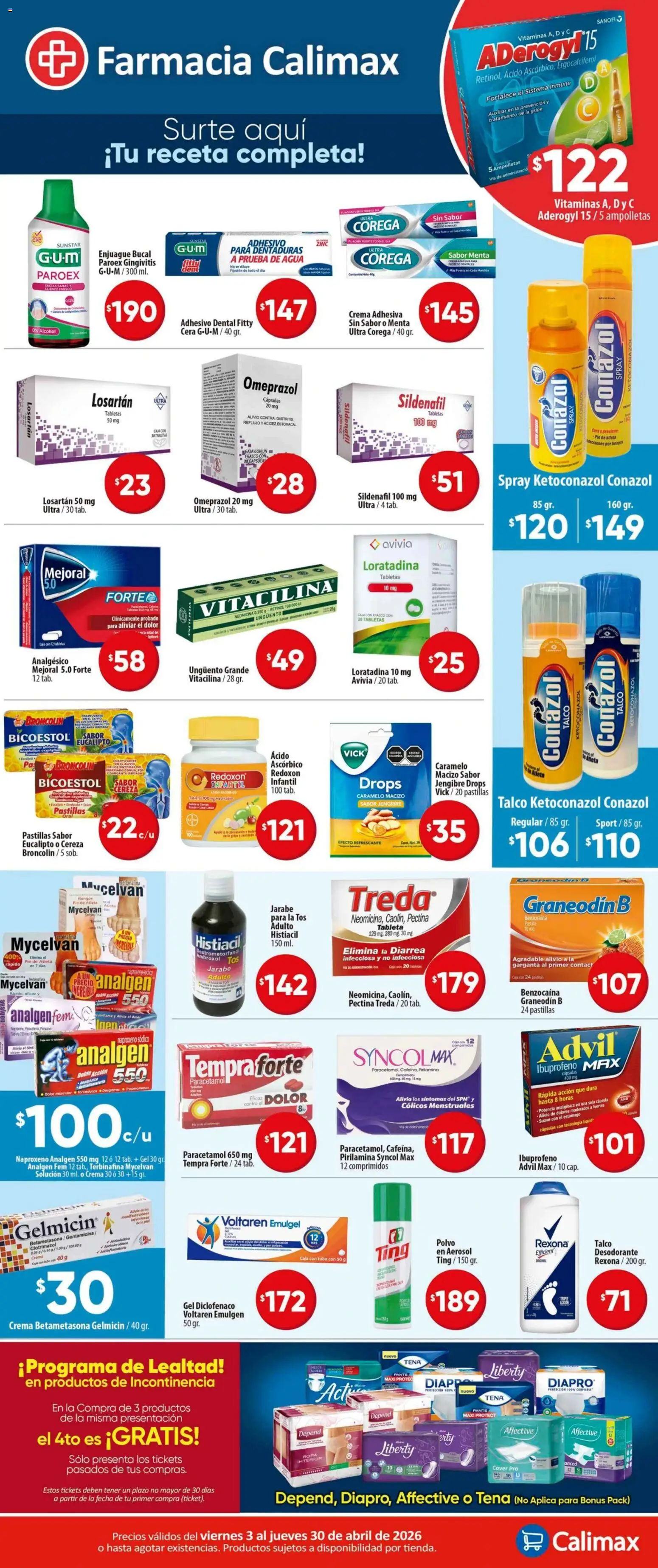 Nuevas ofertas de Calimax válidas en toda la República Mexicana desde el 03.04.2026. ¡Encuentra las mejores ofertas en Calimax folleto Farmacia! | Página: 1 | Productos: Frasco, Agua, Analgésico, Caja