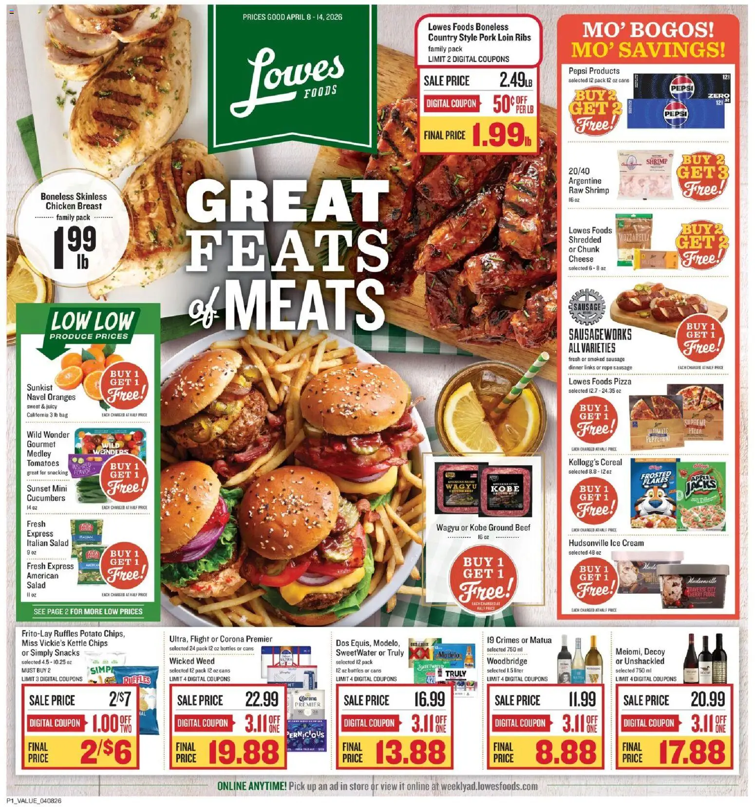 Lowes Foods Weekly Ad - NC - valid from 08.04.2026 | Page: 1 | Products: Pizza, Oranges, Beef, Chips
