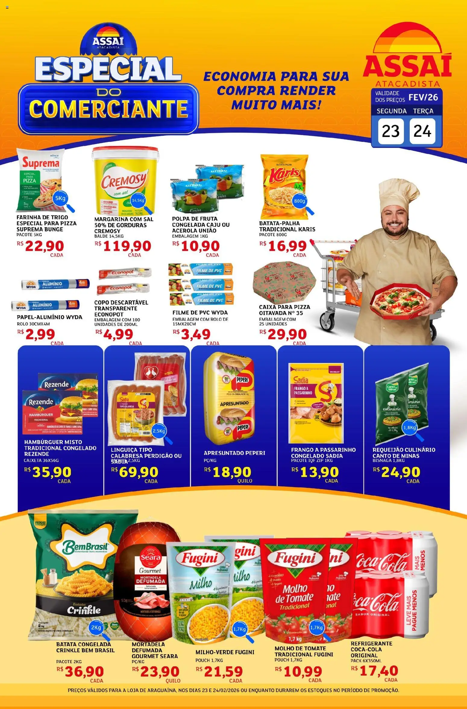Assaí Atacadista Folheto - válido de 23.02.2026 | Página: 1 | Produtos: Farinha de trigo, Mortadela, Carne, Balde