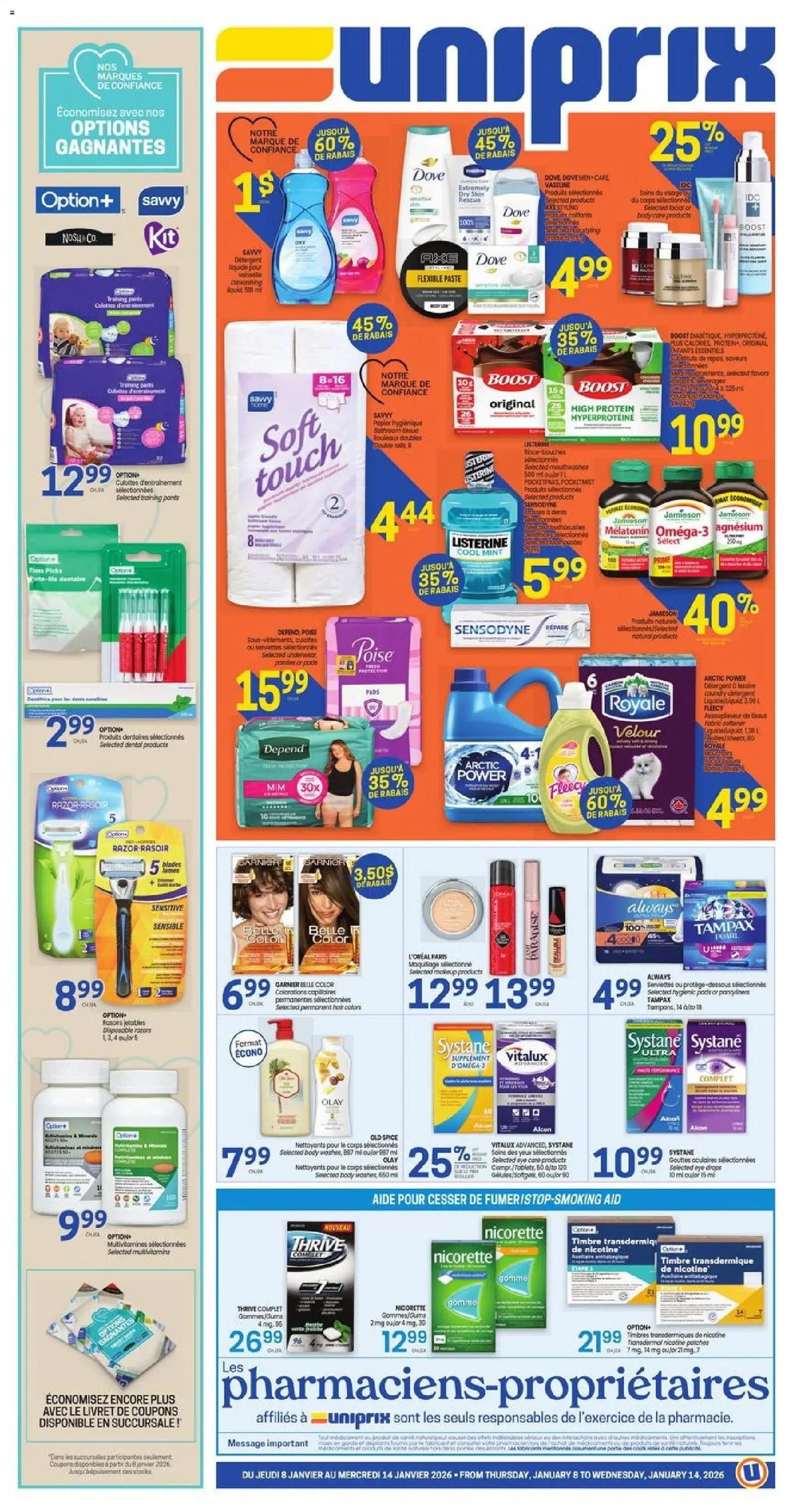 Uniprix flyer valid from 08.01.2026 | Page: 1 | Products: Fabric softener, Detergent, Pants