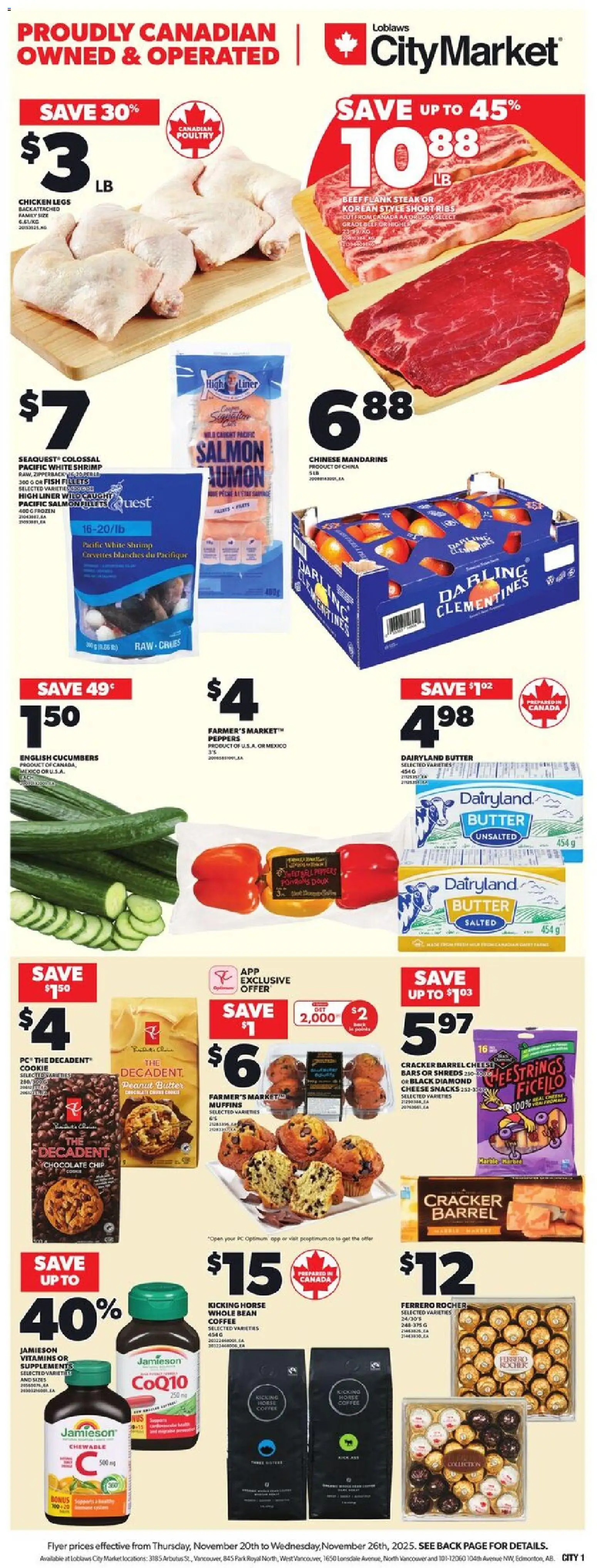 Loblaws flyer valid from 20.11.2025 | Page: 3 | Products: Fish, Beef, Butter, Chocolate