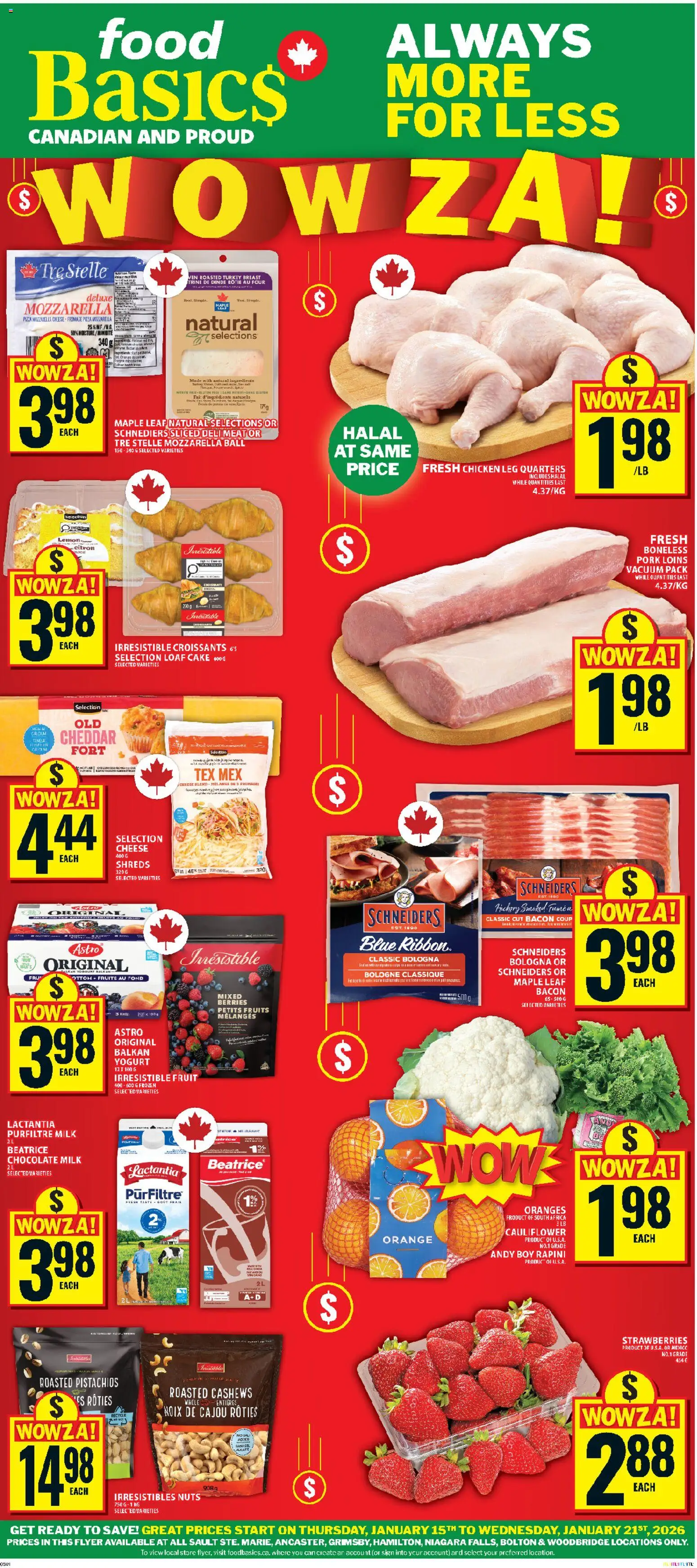 Food Basics flyer valid from 15.01.2026 | Page: 1 | Products: Strawberries, Nuts, Yogurt, Pizza