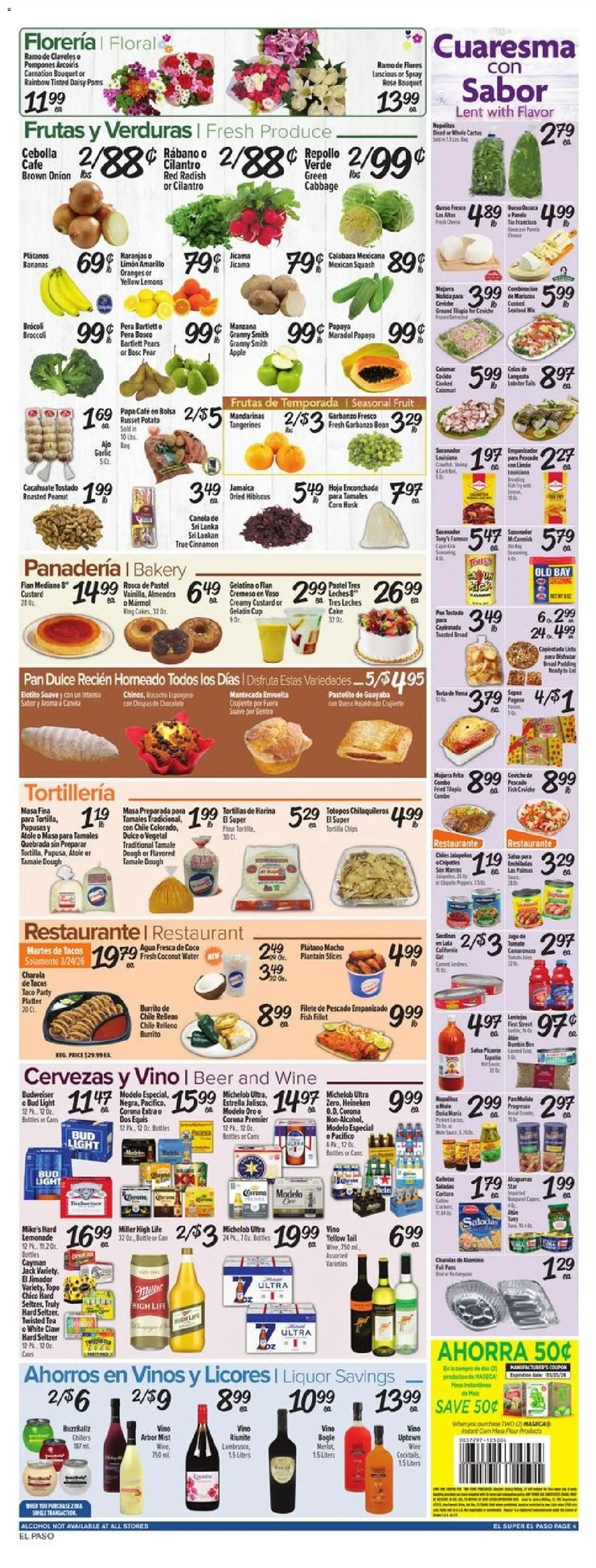 El Super Weekly Ad - TX - valid from 18.03.2026 | Page: 4 | Products: Bananas, Tangerines, Water, Cabbage