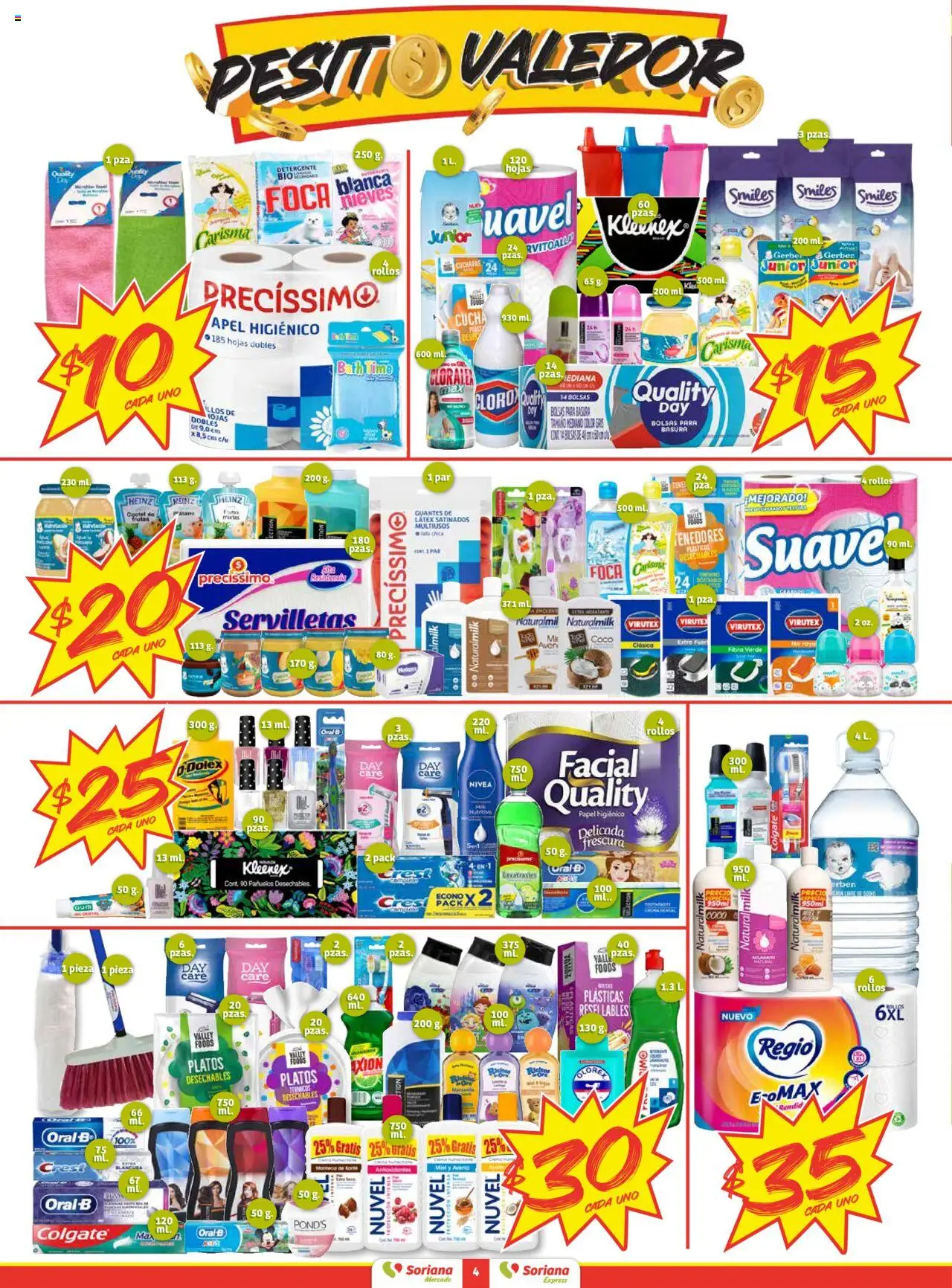 Nuevas ofertas de Soriana válidas en toda la República Mexicana desde el 16.10.2025. ¡Encuentra las mejores ofertas en Soriana - Pesito Valedor Mercado: Camp, Chia, Oax, Q. Roo, Tab, Yuc! | Página: 4 | Productos: Detergente, Guantes, Papel higiénico, Servilletas