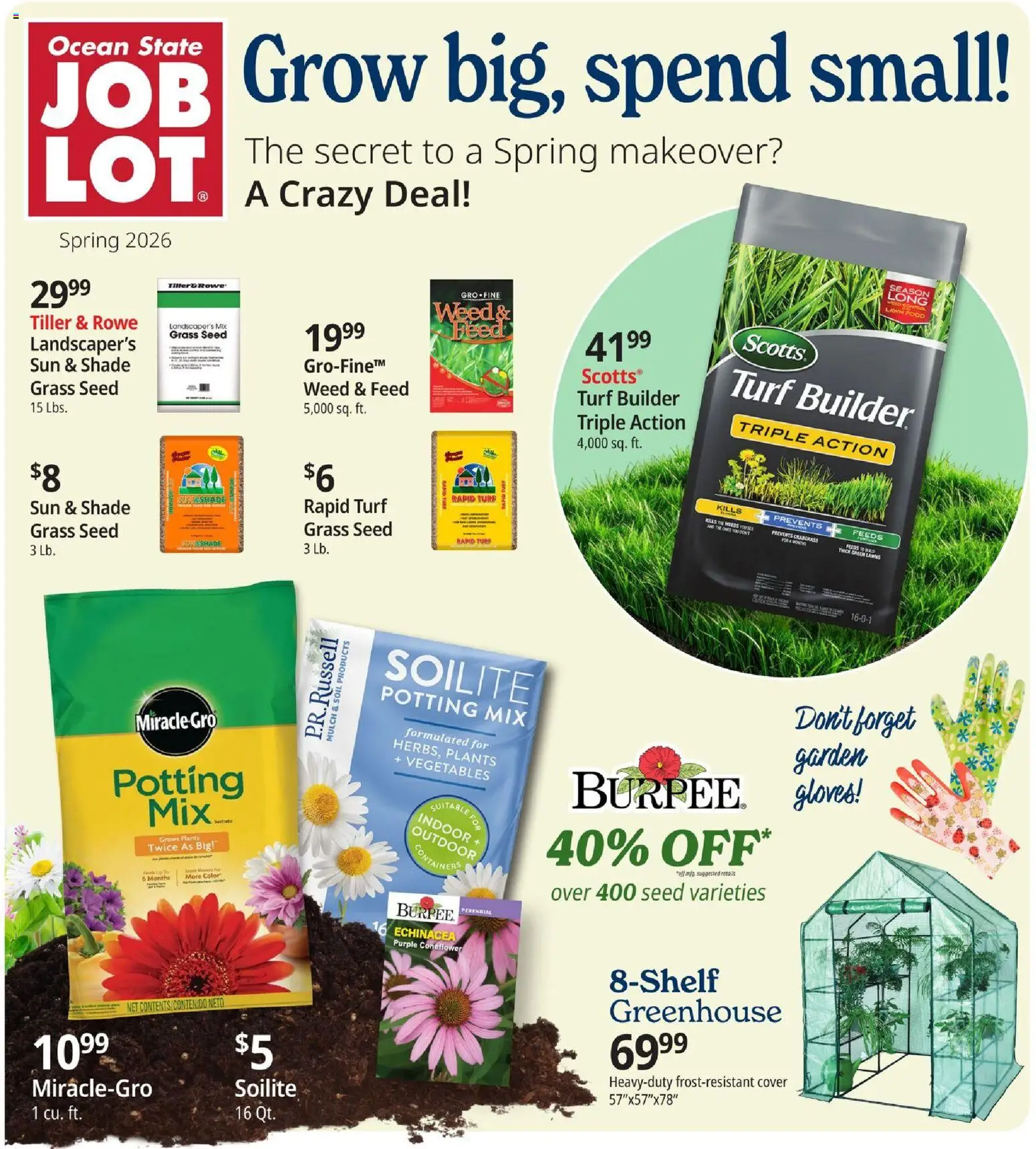 Ocean State Job Lot Grow Big, Spend Small - valid from 05.03.2026 | Page: 1 | Products: Tiller, Vegetables, Gloves