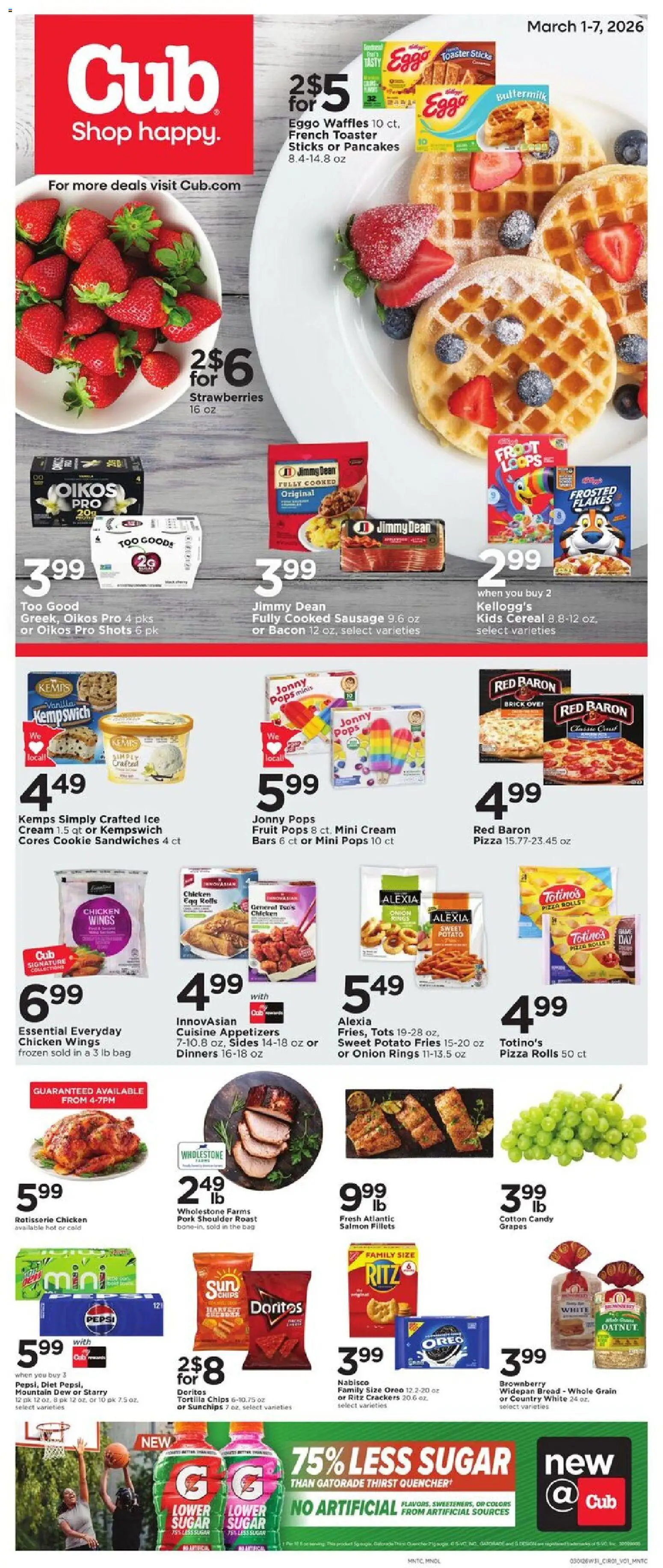 Cub Foods Weekly Ad - valid from 01.03.2026 | Page: 1 | Products: Pizza, Strawberries, Chips, Flakes