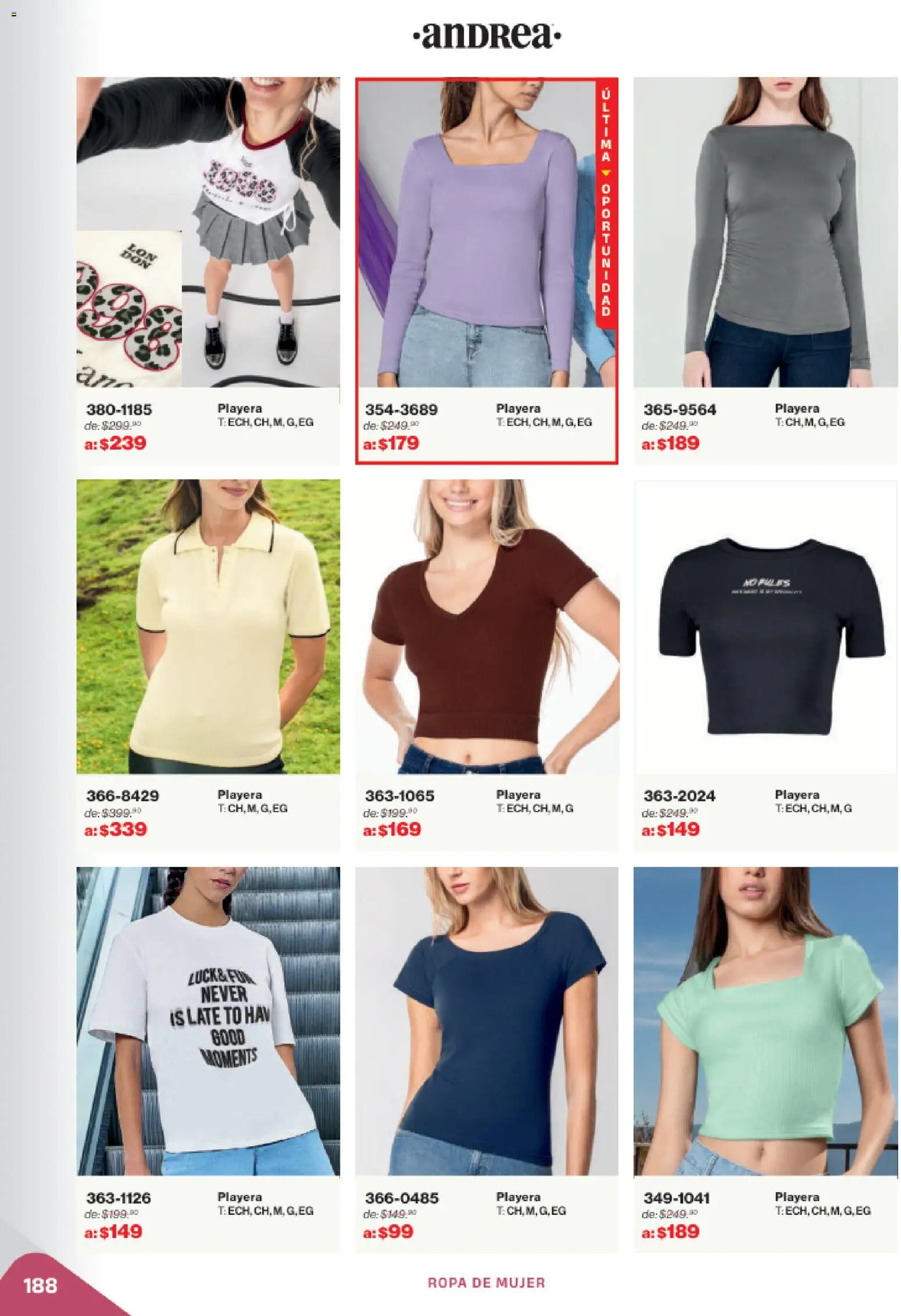 Nuevas ofertas de Andrea válidas en toda la República Mexicana desde el 02.11.2025. ¡Encuentra las mejores ofertas en Andrea catálogo Outlet! | Página: 188 | Productos: Ropa, Playera
