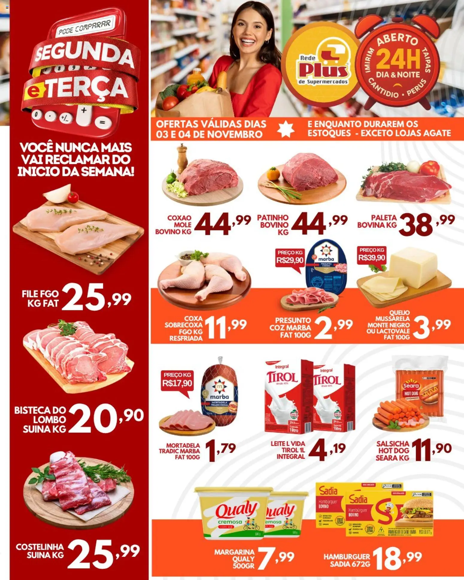 Rede Plus Supermercados Folheto - válido de 03.11.2025 | Página: 1 | Produtos: Lombo, Mortadela, Hambúrguer, Margarina
