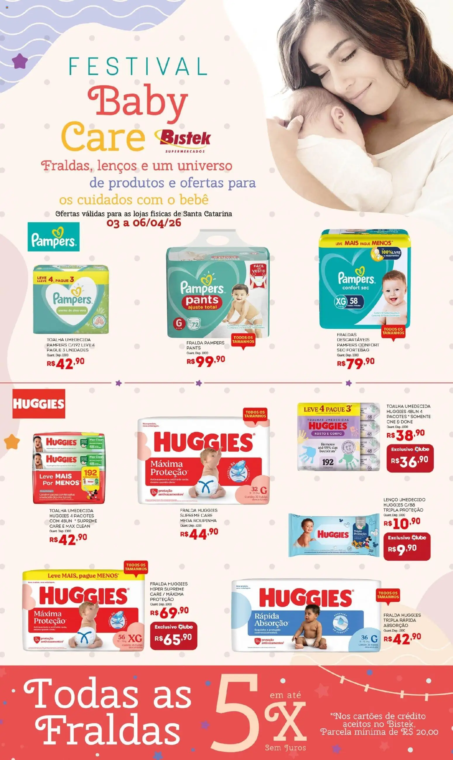 Bistek Supermercados Folheto - válido de 03.04.2026 | Página: 1 | Produtos: Fralda pampers, Pampers, Lenço umedecido, Toalha umedecida