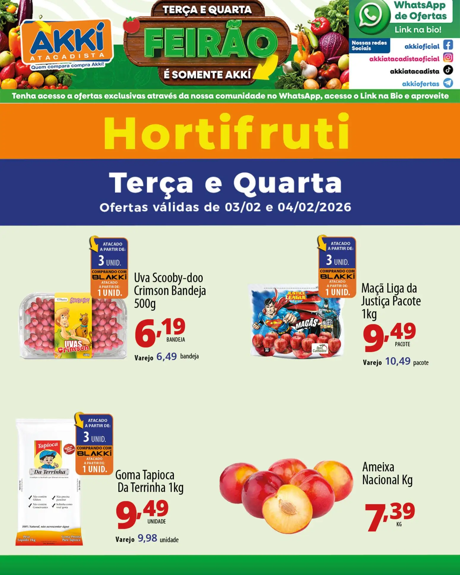 Akki Atacadista Folheto - válido de 03.02.2026 | Página: 2 | Produtos: Tapioca, Bandeja, Uvas, Ameixa