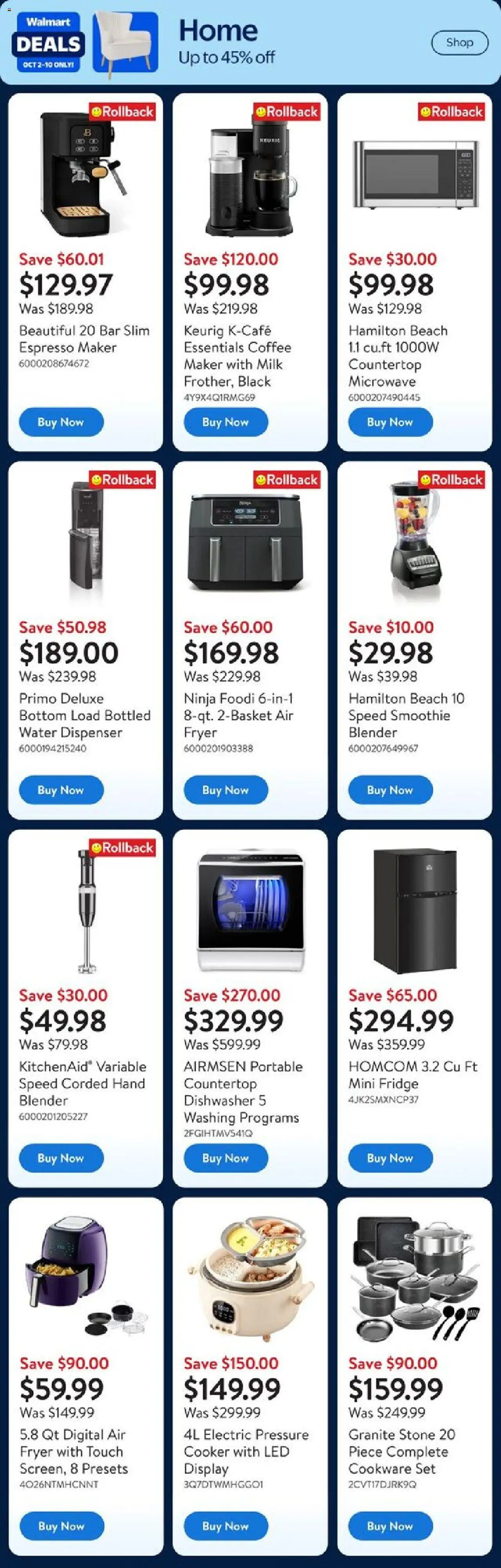 Walmart flyer valid from 02.10.2025 | Page: 4 | Products: Fryer, Cooker, Milk, Coffee