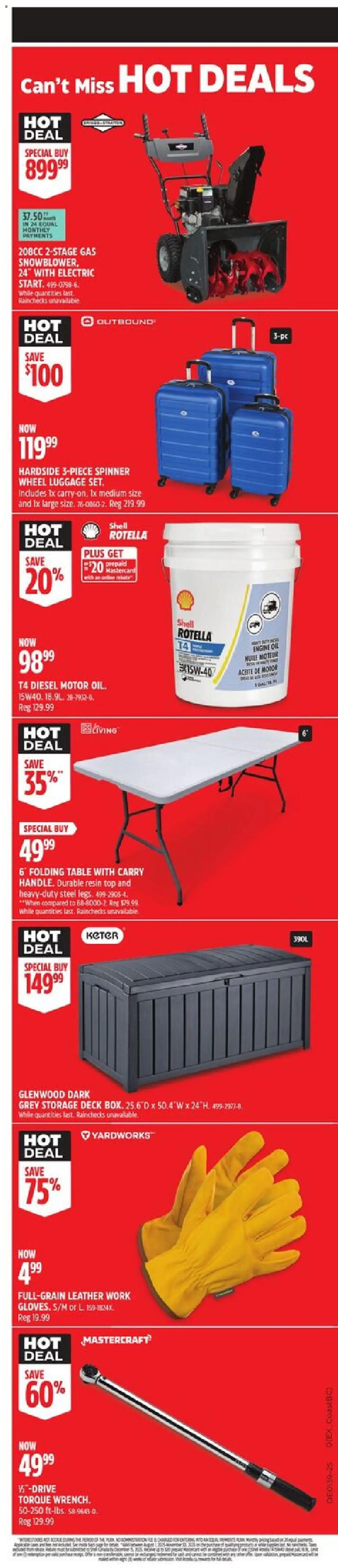 Canadian Tire flyer valid from 18.09.2025 | Page: 2 | Products: Luggage, Table, Oil