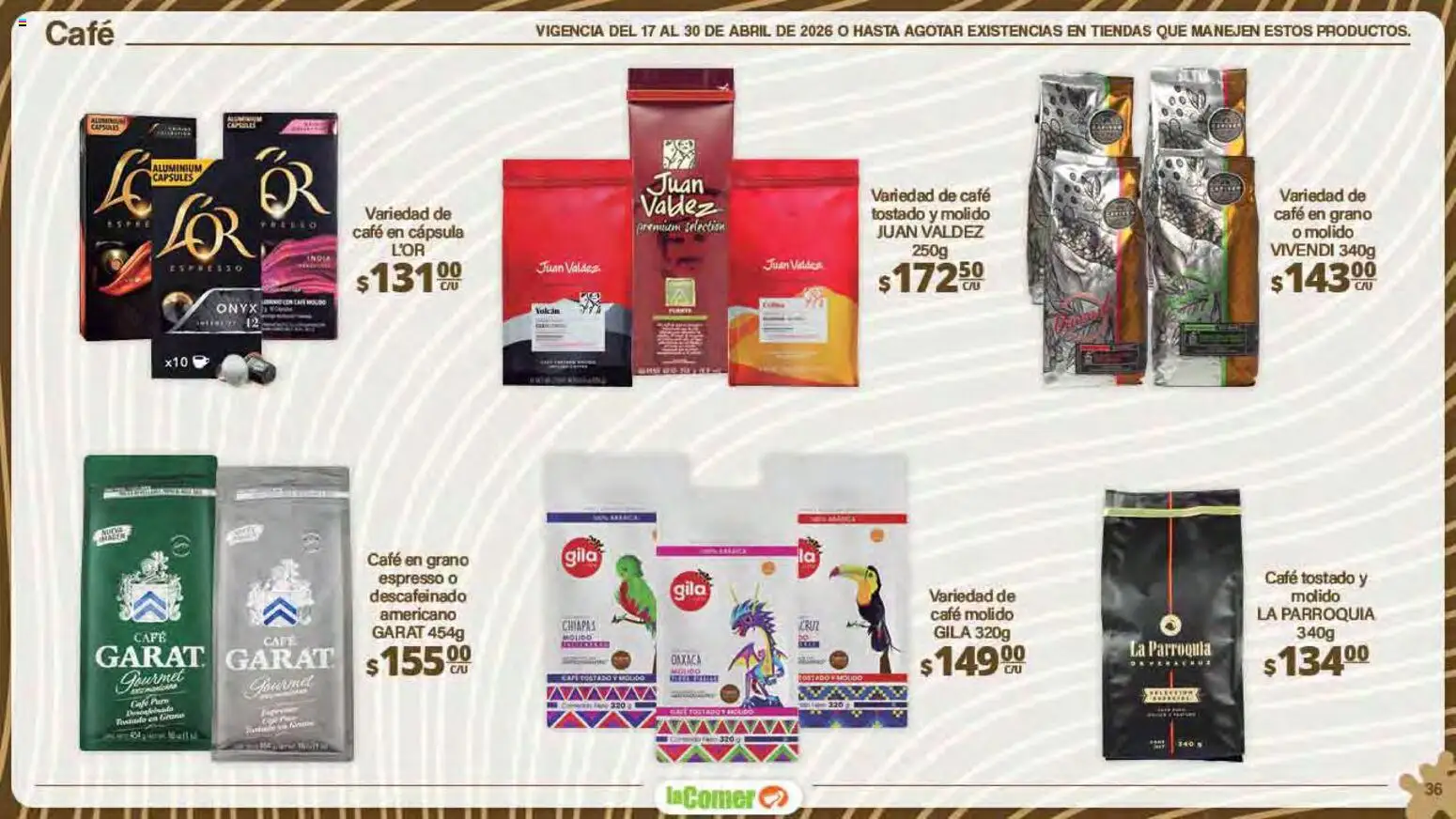 Nuevas ofertas de La Comer válidas en toda la República Mexicana desde el 17.04.2026. ¡Encuentra las mejores ofertas en La Comer folleto Día del Niño! | Página: 36 | Productos: Café
