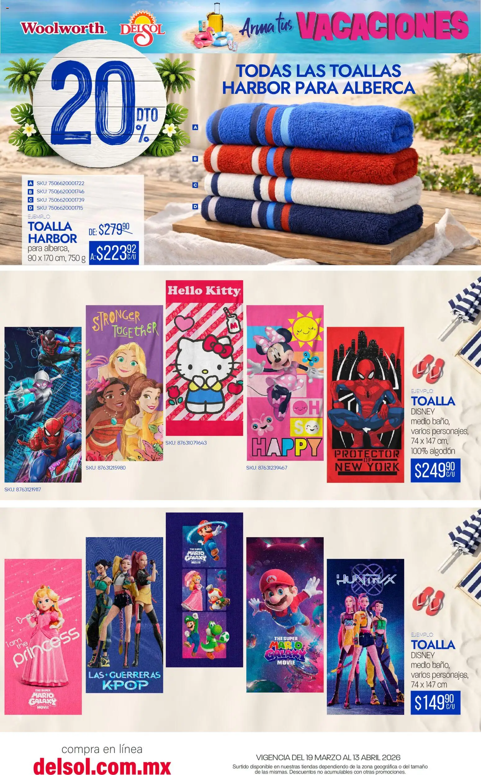 Nuevas ofertas de Del Sol y Woolworth catálogo Arma tus Vacaciones  válidas en toda la República Mexicana desde el 19.03.2026. ¡Encuentra las mejores ofertas en Del Sol y Woolworth catálogo Arma tus Vacaciones ! | Página: 11 | Productos: Toalla, Algodón, Toallas