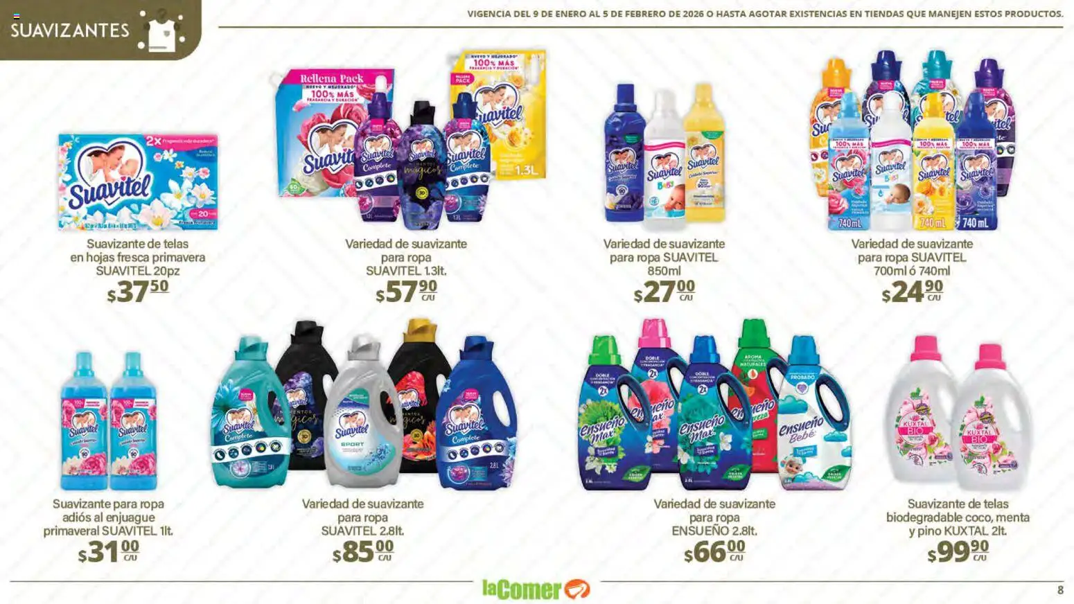 Nuevas ofertas de La Comer válidas en toda la República Mexicana desde el 09.01.2026. ¡Encuentra las mejores ofertas en La Comer folleto Limpia Desinfecta Organiza Ahorra! | Página: 8 | Productos: Suavizante, Suavizante de telas, Ropa