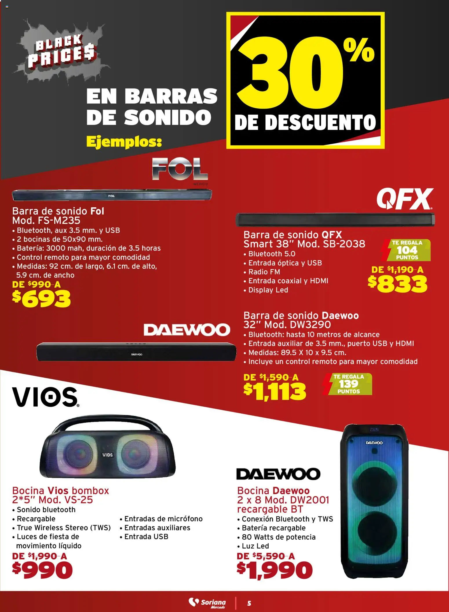 Nuevas ofertas de Soriana válidas en toda la República Mexicana desde el 21.11.2025. ¡Encuentra las mejores ofertas en Soriana - Black Prices Mercado Nacional! | Página: 5 | Productos: Control remoto, Micrófono, Barra, Batería