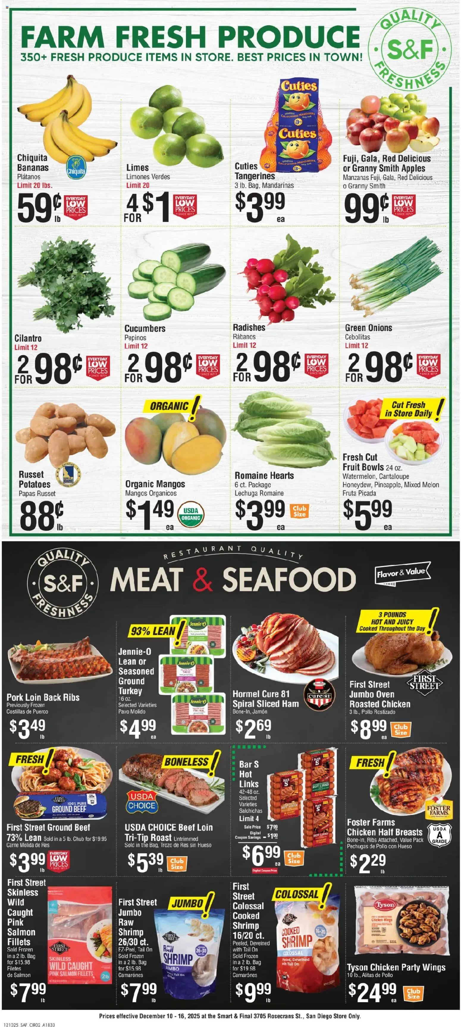 Smart & Final Weekly Ad - valid from 10.12.2025 | Page: 2 | Products: Pork, Tangerines, Seafood, Melon