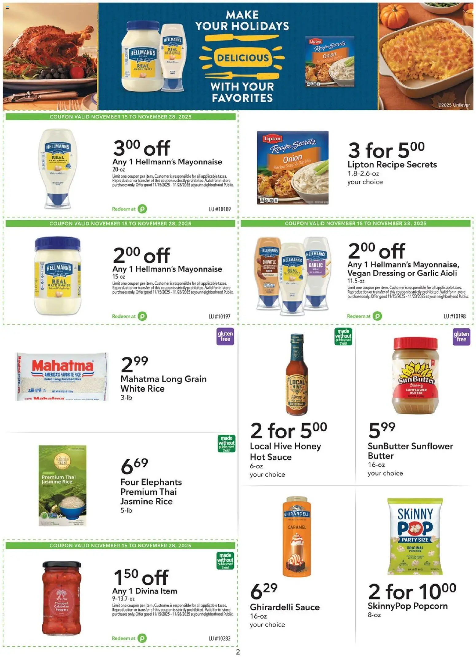 Publix Extra Savings - valid from 15.11.2025 | Page: 2 | Products: Butter, Rice, Mayonnaise, Garlic