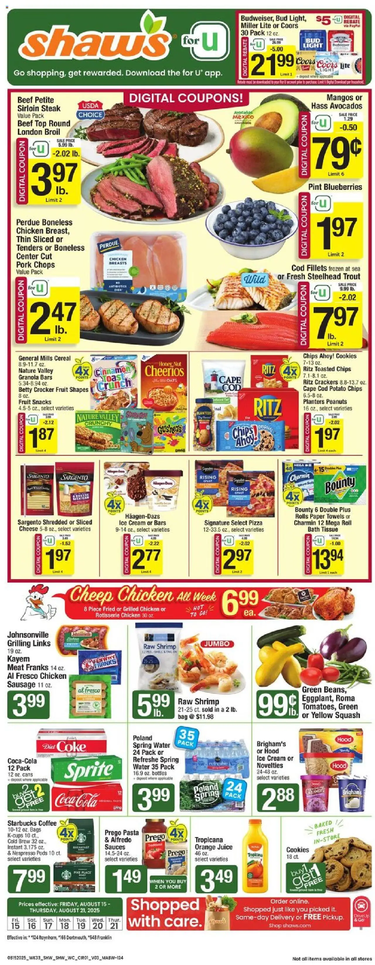 Shaw's Weekly Ad - MA - valid from 15.08.2025 | Page: 1 | Products: Pizza, Chips, Cream, Blueberries