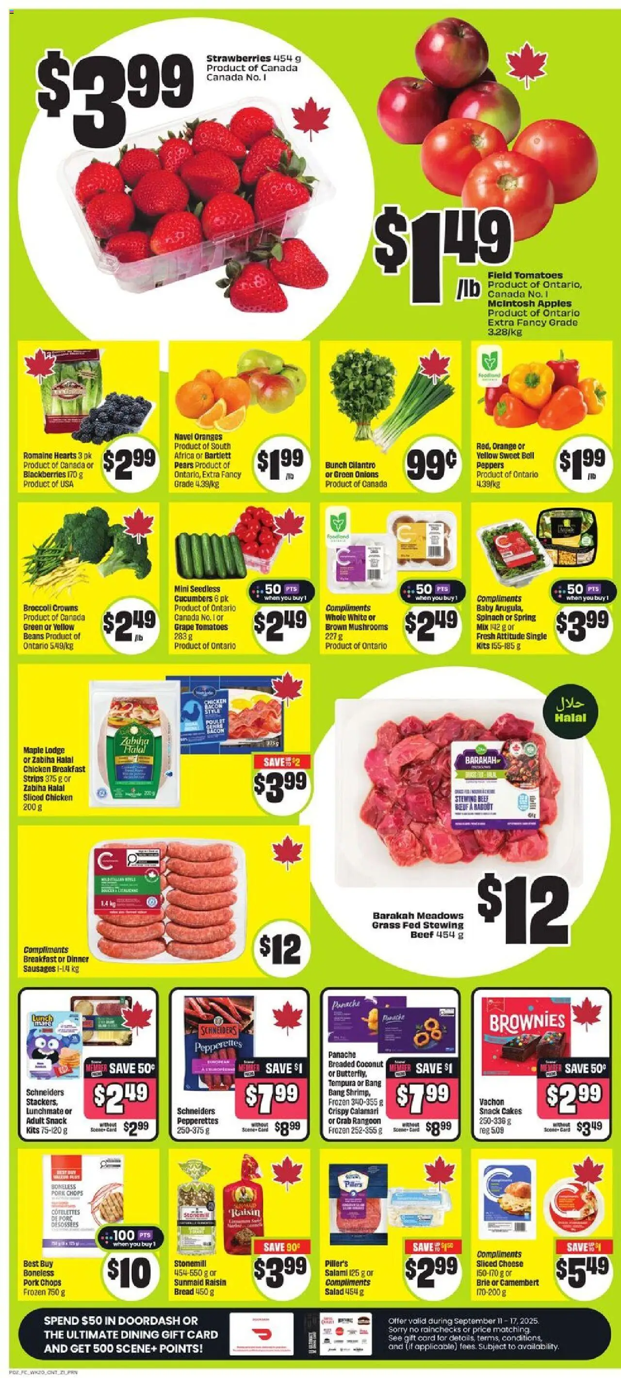 FreshCo flyer valid from 11.09.2025 | Page: 3 | Products: Strawberries, Salad, Salami, Pork