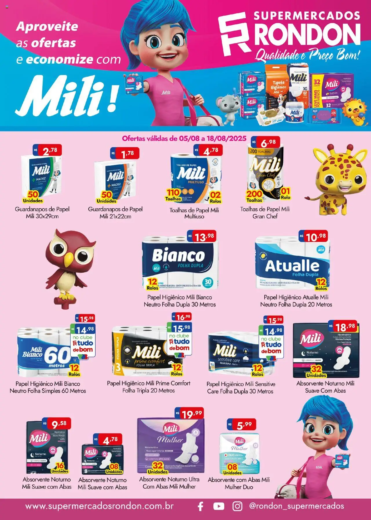 Supermercados Rondon Folheto - válido de 05.08.2025 | Página: 1 | Produtos: Tapete, Absorvente, Papel higiênico