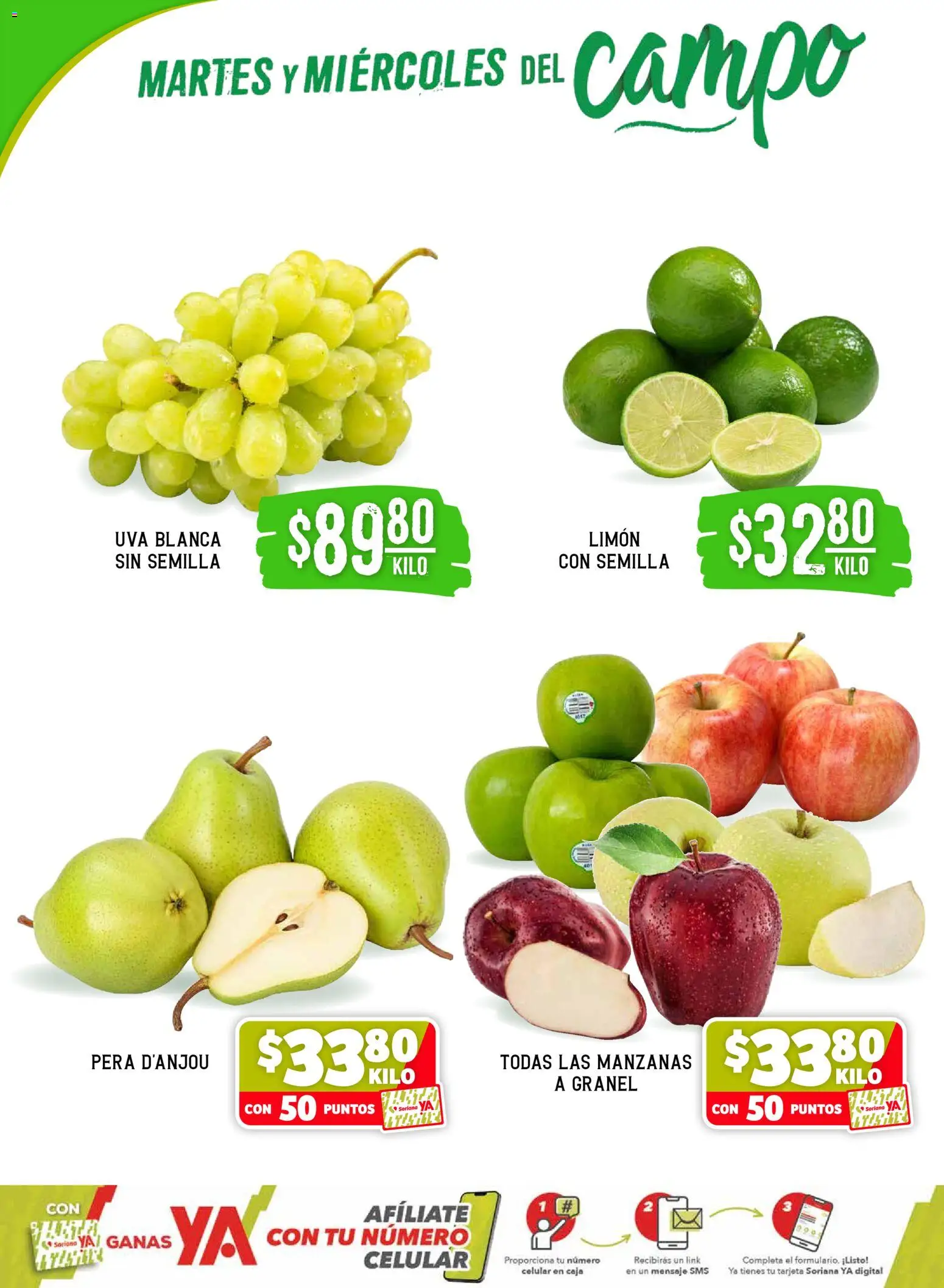 Nuevas ofertas de Soriana válidas en toda la República Mexicana desde el 28.04.2026. ¡Encuentra las mejores ofertas en Soriana Martes y Miércoles del Campo Súper: Ags, Nay, Jal, Qro, Col, Mich, Gto, Hgo, Tlax, Mor, Pue, Gro, Oax, Edo. de Mex, Vall! | Página: 2 | Productos: Pera, Limón, Manzanas, Uva