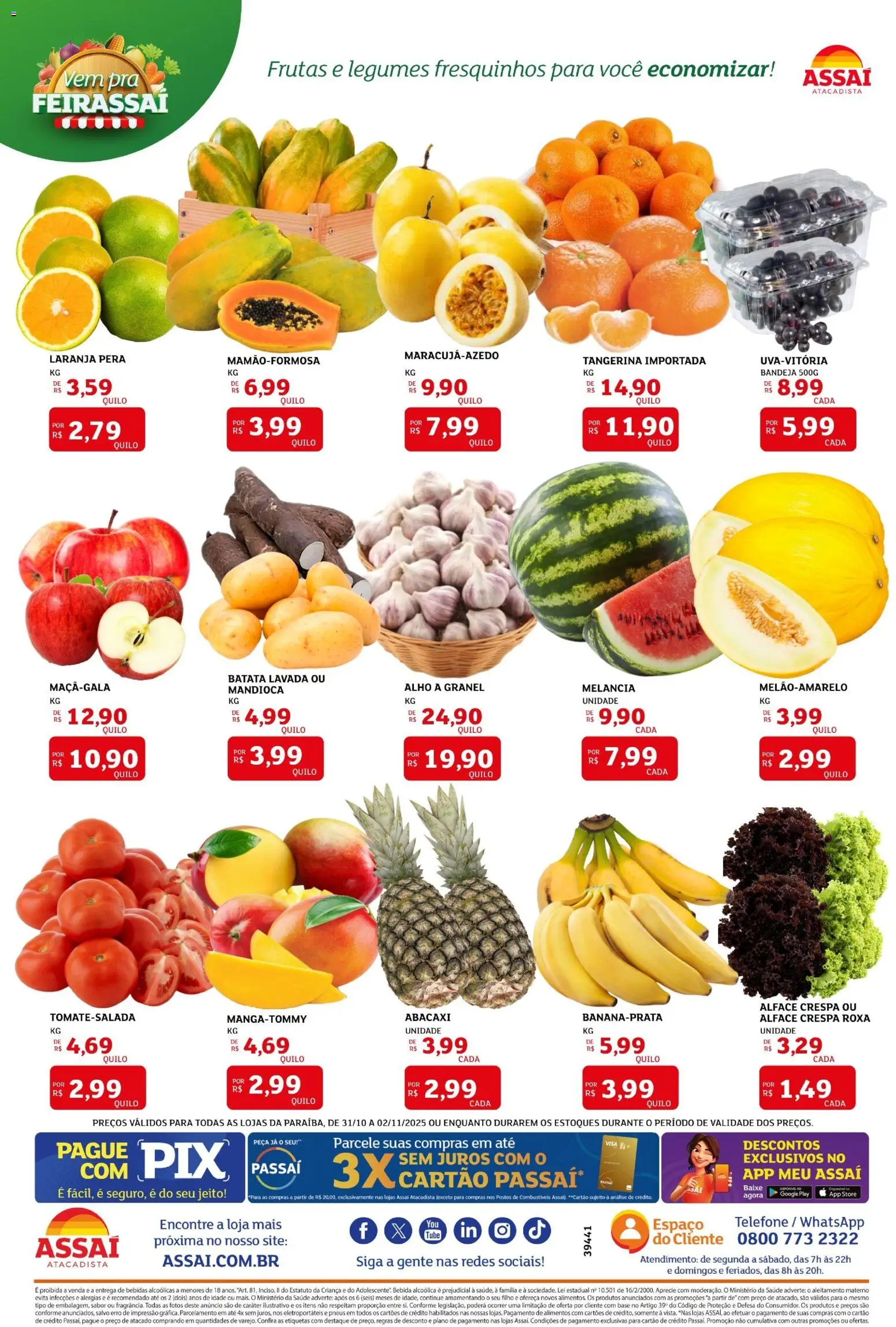 Assaí Atacadista Folheto - válido de 31.10.2025 | Página: 3 | Produtos: Mandioca, Abacaxi, Bebida, Bandeja
