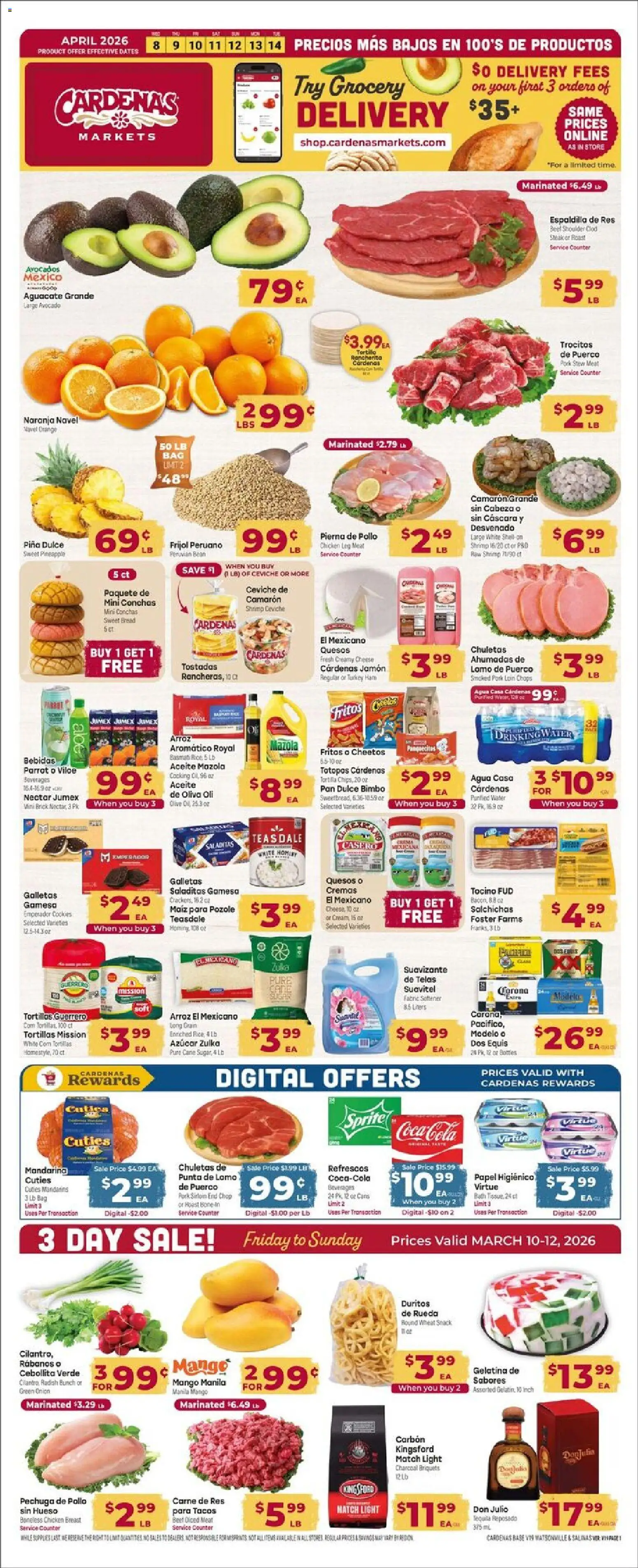 Cardenas Weekly Ad - CA - valid from 08.04.2026 | Page: 1 | Products: Mandarins, Bread, Ham, Onion