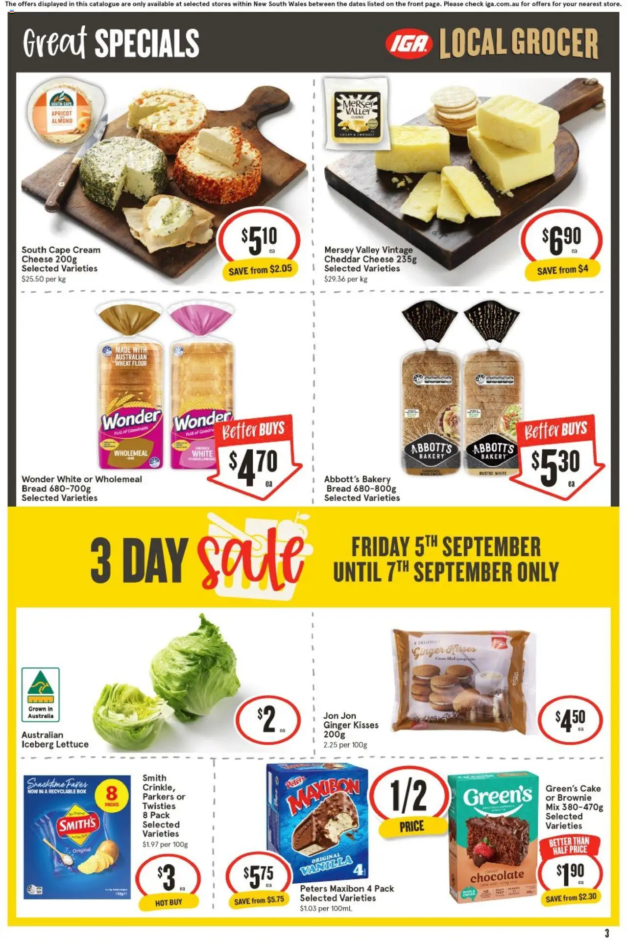 IGA catalogue - valid from 03.09.2025 | Page: 3 | Products: Flour, Bread, Lettuce, Bakery