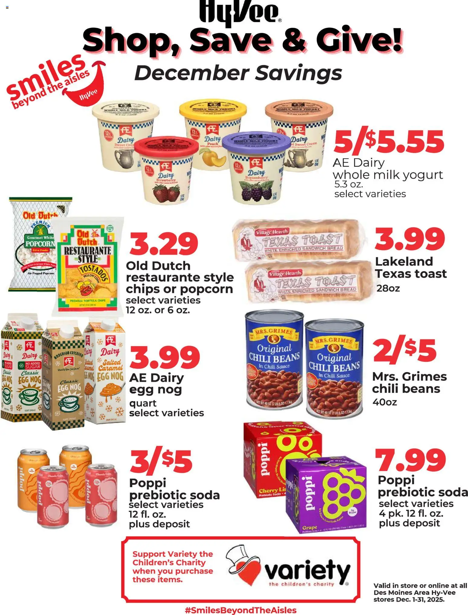 HyVee Shop, Save & Give - valid from 01.12.2025 | Page: 1 | Products: Milk, Chips, Cream, Sauce