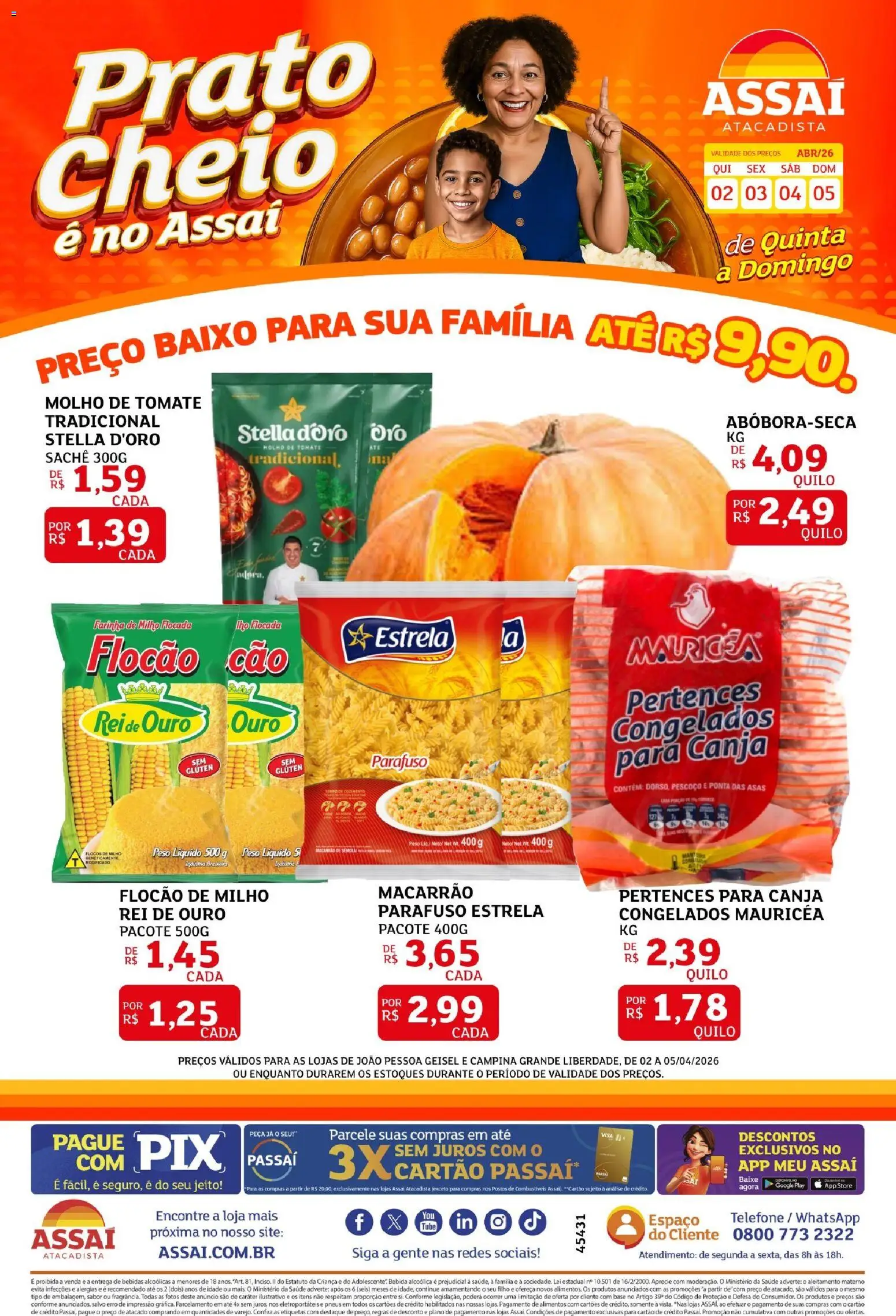 Assaí Atacadista Folheto - válido de 02.04.2026 | Página: 1 | Produtos: Macarrão, Baixo, Bebida, Telefone