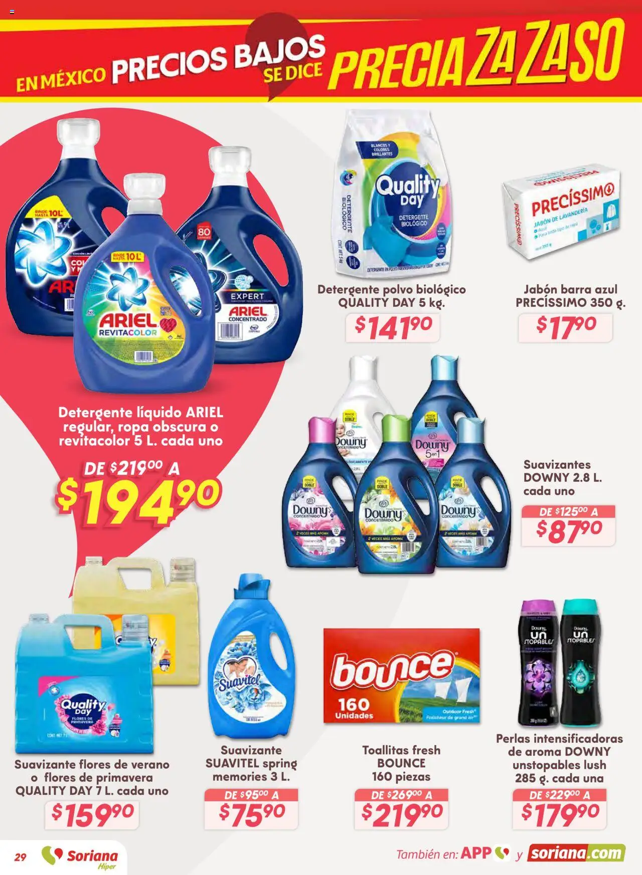 Nuevas ofertas de Soriana válidas en toda la República Mexicana desde el 14.08.2025. ¡Encuentra las mejores ofertas en Soriana - Preciazazaso Híper: Valle de México! | Página: 29 | Productos: Suavizante, Ropa, Polvo, Jabón