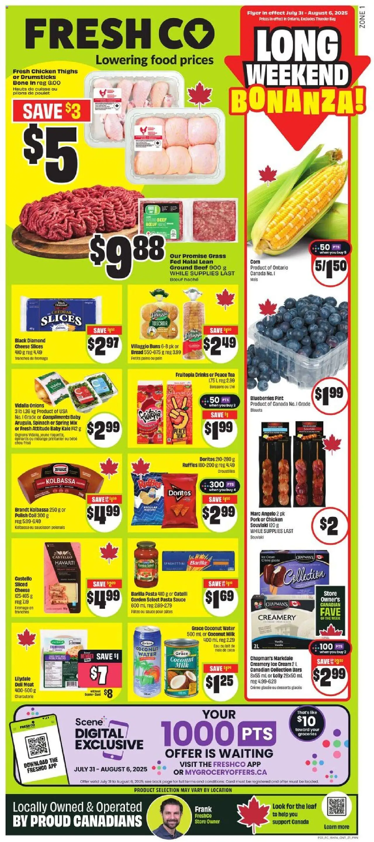 FreshCo flyer valid from 31.07.2025 | Page: 1 | Products: Beef, Milk, Cheese, Chicken