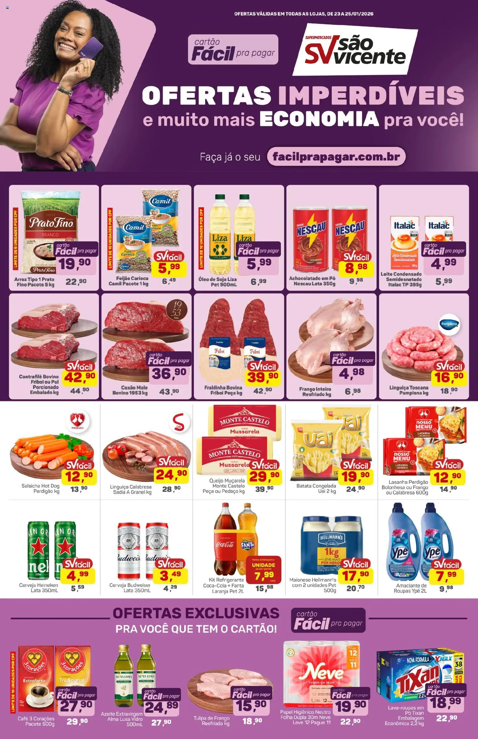 Supermercados São Vicente Folheto - válido de 23.01.2026 | Página: 1 | Produtos: Achocolatado, Leite, Cerveja, Muçarela
