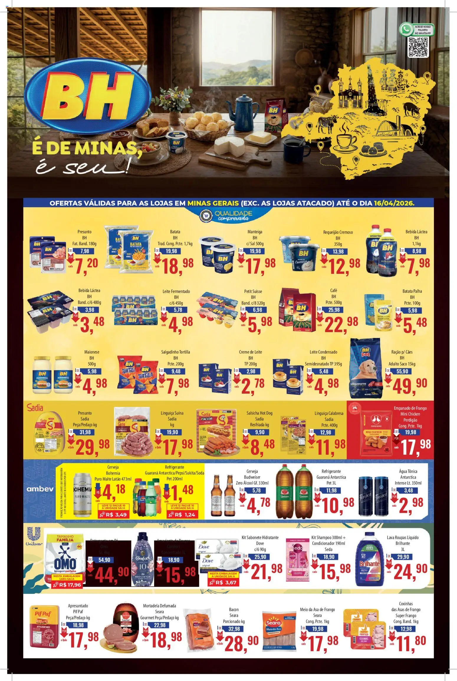 Supermercados BH Folheto - válido de 06.04.2026 | Página: 1 | Produtos: Água tônica, Creme de leite, Sal, Frango