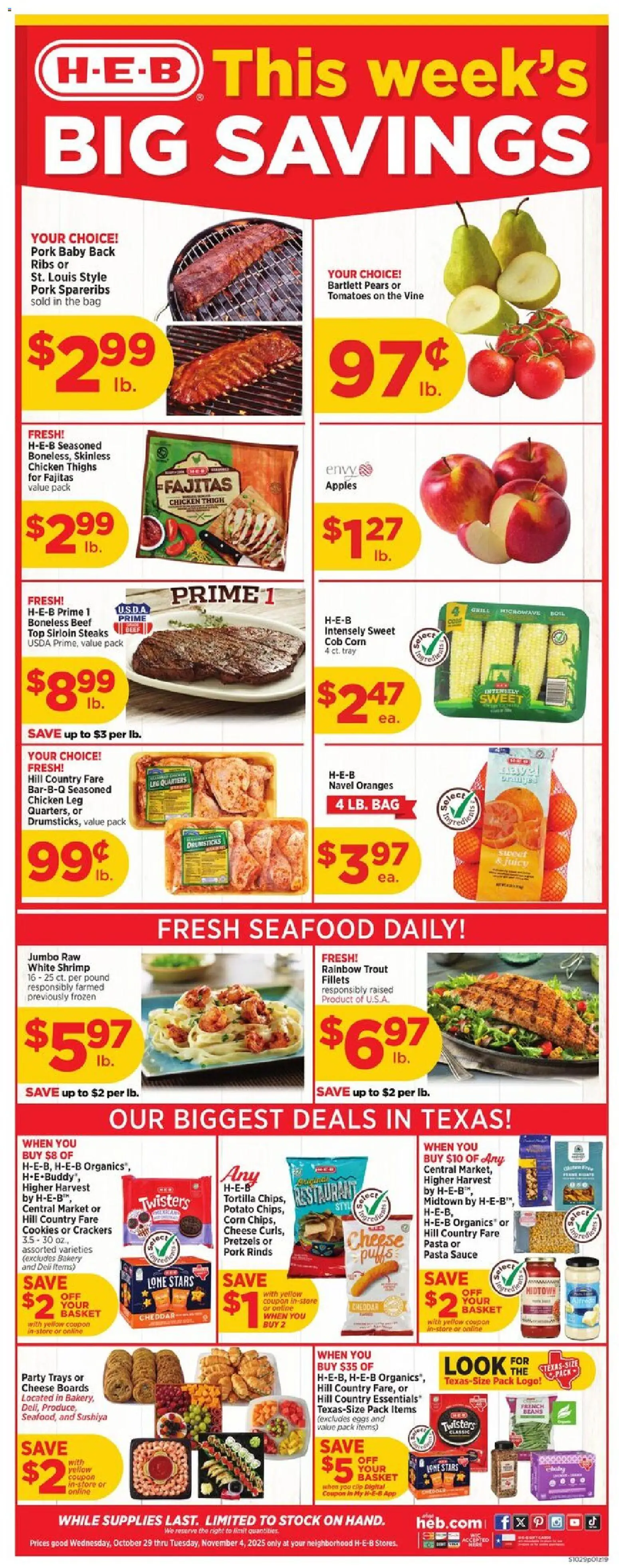 H-E-B Weekly Ad - valid from 29.10.2025 | Page: 1 | Products: Oranges, Tomatoes, Pasta, Cookies