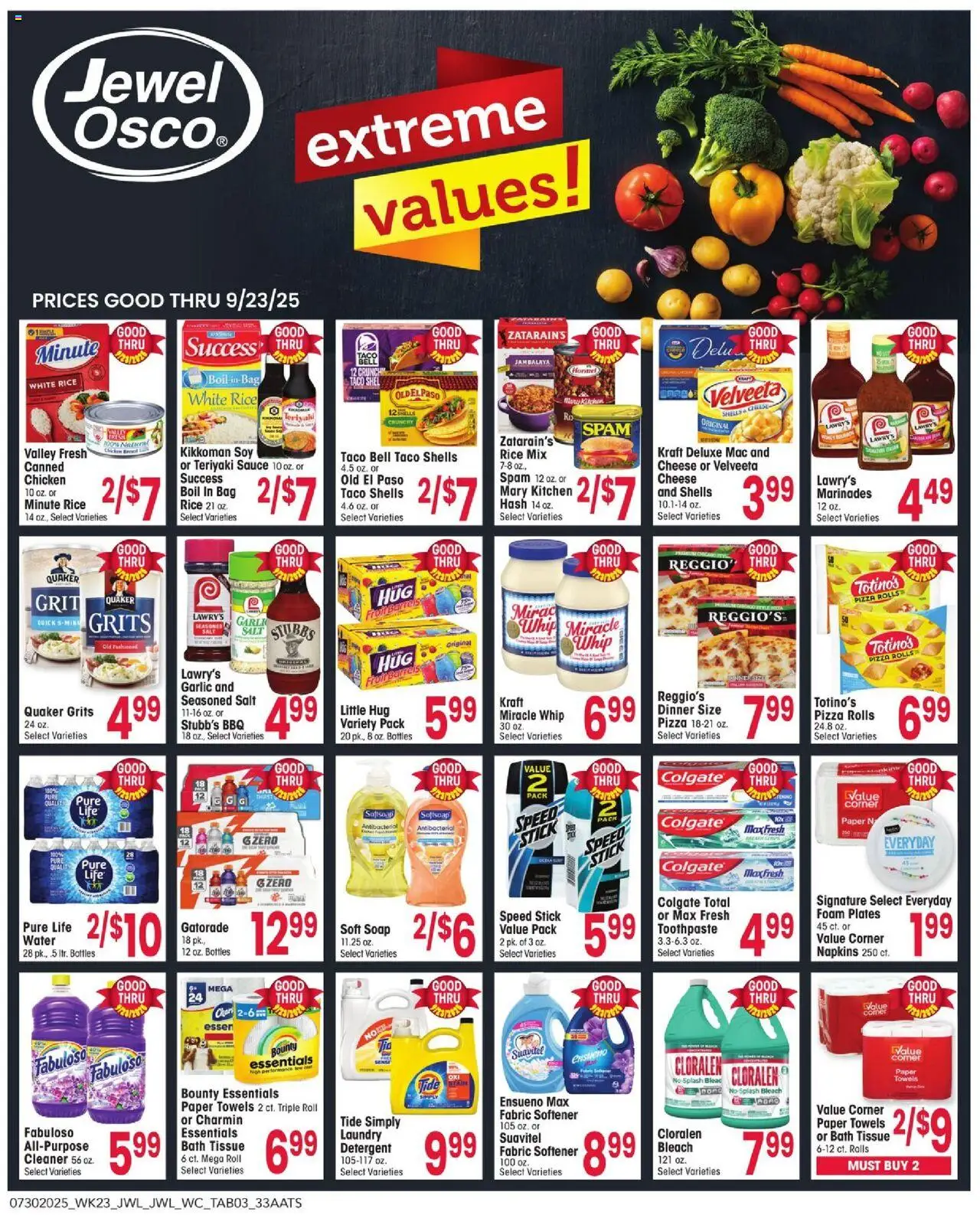 Jewel Osco Ad - valid from 30.07.2025 | Page: 3 | Products: Cheese, Toothpaste, Sauce, Bag