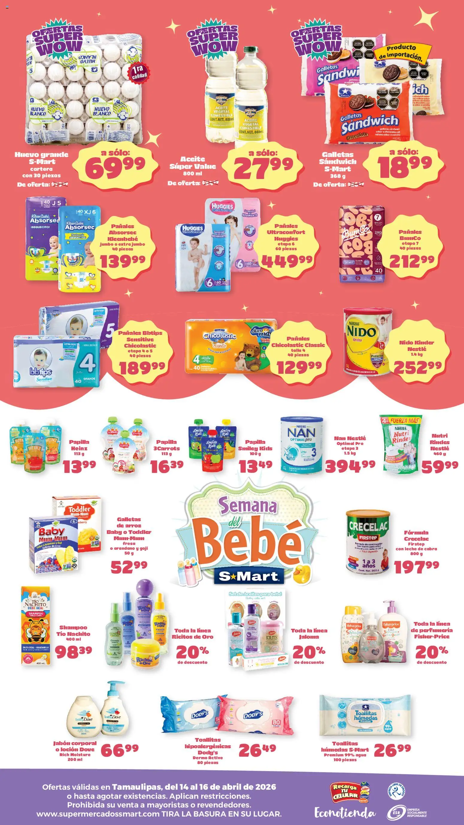 Nuevas ofertas de S-Mart válidas en toda la República Mexicana desde el 14.04.2026. ¡Encuentra las mejores ofertas en S-Mart folleto Ofertas de feria Reynosa! | Página: 2 | Productos: Toallitas húmedas, Leche, Loción, Galletas