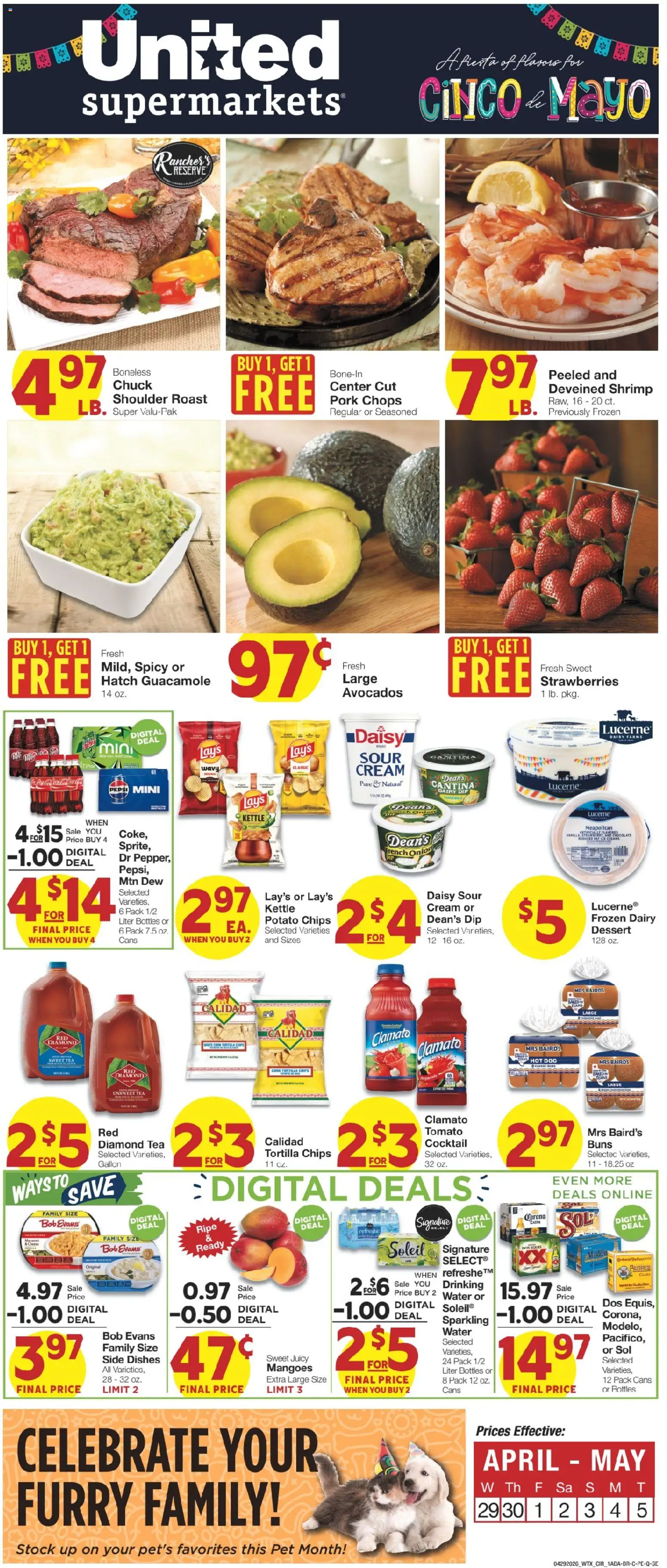 United Supermarkets Weekly Ad - valid from 28.04.2026 | Page: 1 | Products: Chocolate, Pork, Tea, Onion