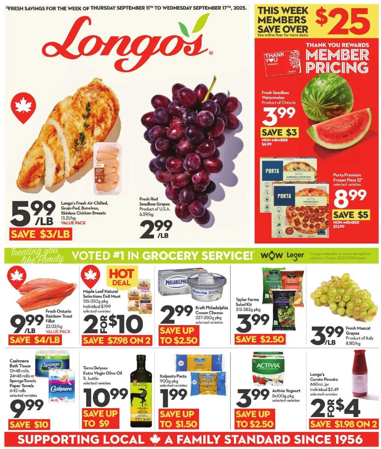 Longo's flyer valid from 11.09.2025 | Page: 1 | Products: Pasta, Chicken breasts, Cheese, Chicken
