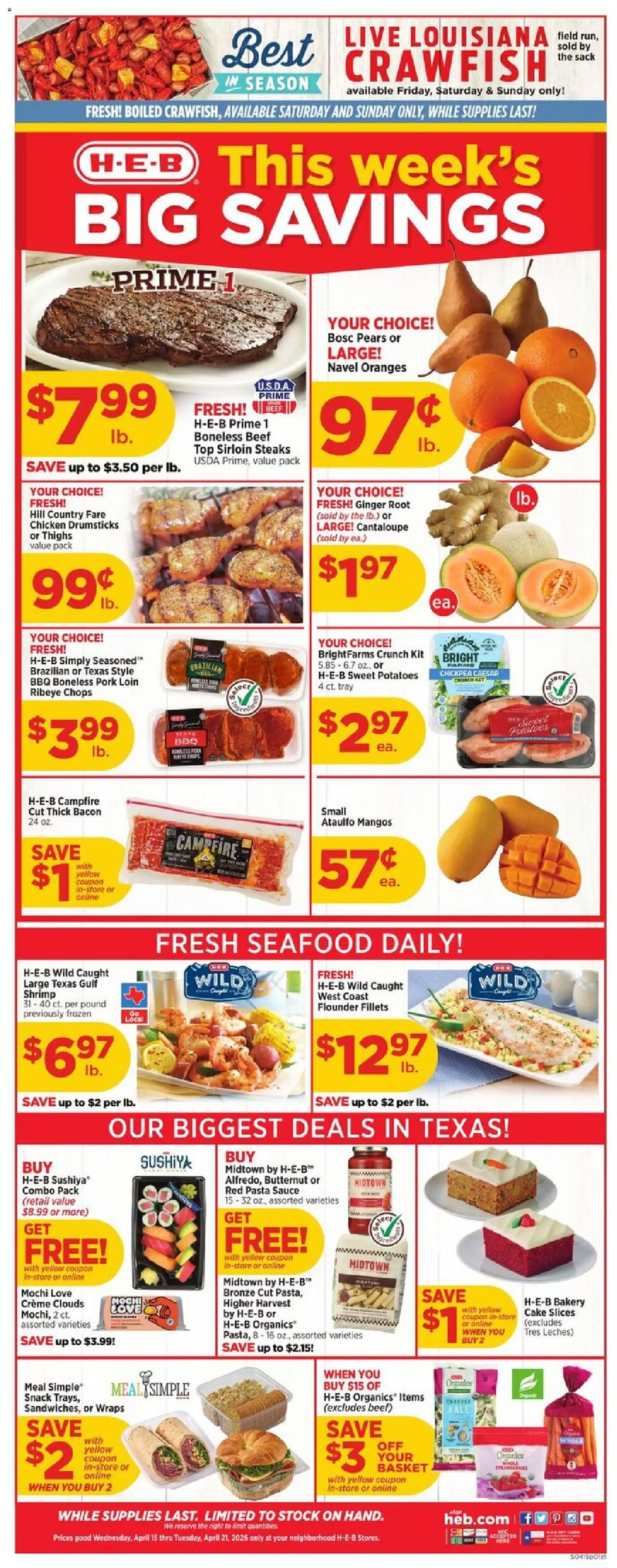H-E-B Weekly Ad - valid from 15.04.2026 | Page: 1 | Products: Pork, Potatoes, Sauce, Seafood