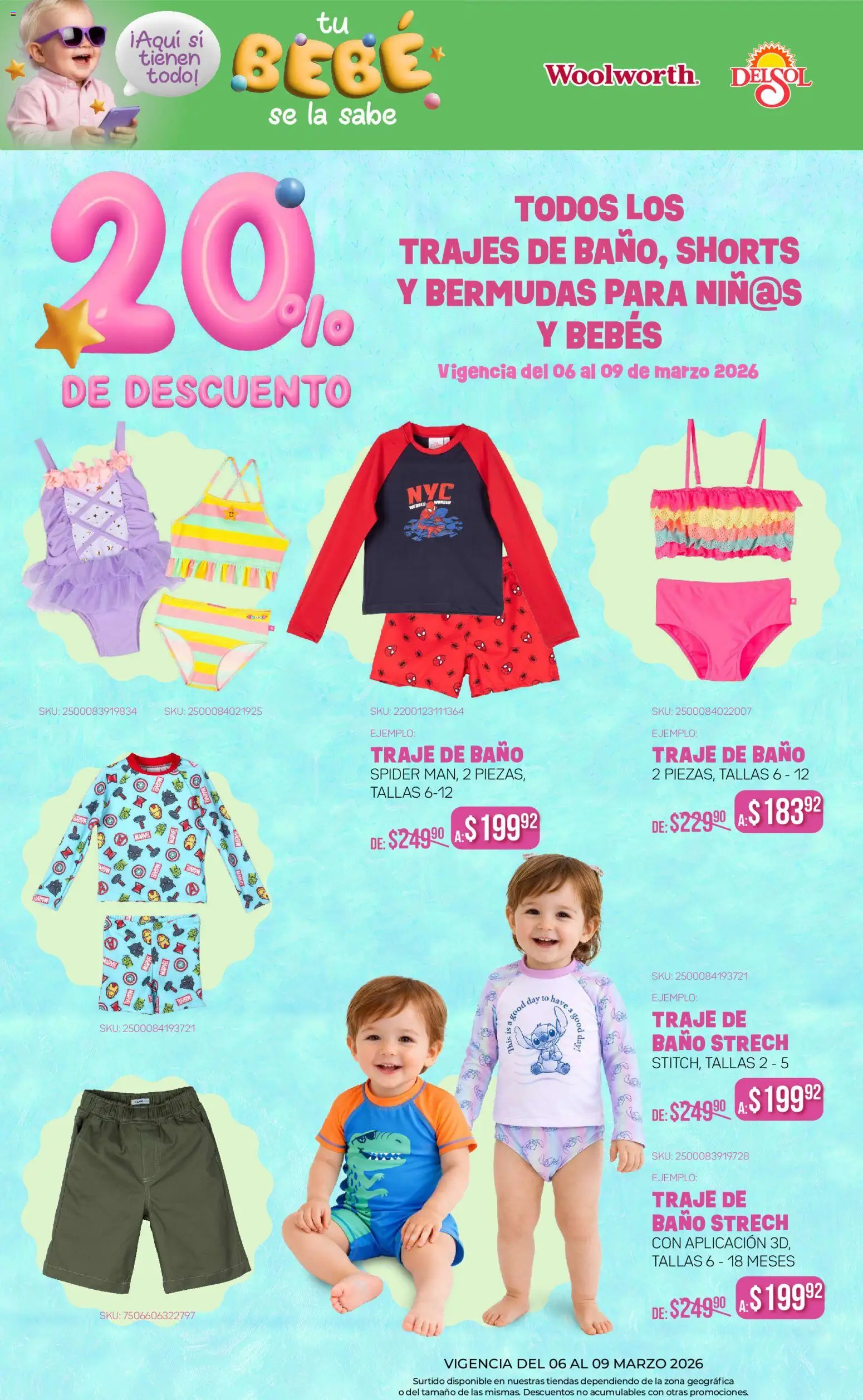 Nuevas ofertas de Del Sol y Woolworth válidas en toda la República Mexicana desde el 06.03.2026. ¡Encuentra las mejores ofertas en Del Sol y Woolworth catálogo! | Página: 2 | Productos: Traje, Bermudas, Traje de baño, Baño