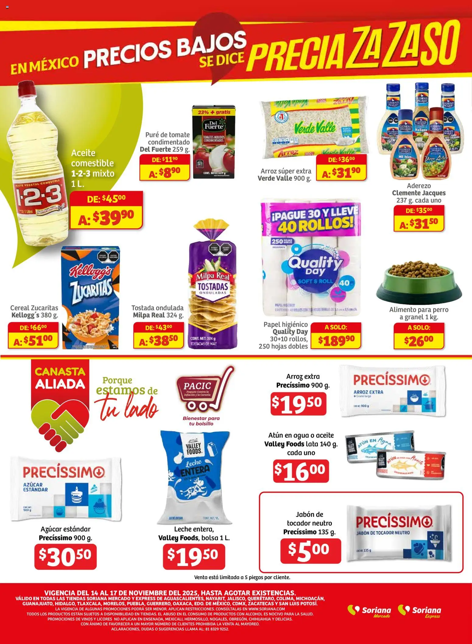 Nuevas ofertas de Soriana válidas en toda la República Mexicana desde el 14.11.2025. ¡Encuentra las mejores ofertas en Soriana - Ahorratón Mercado: Ags, Nay, Jal, Qro, Col, Mich, Gto, Hgo, Tlax, Mor, Pue, Gro, Oax, Edo. de Mex, CDMX, Zac y SLP! | Página: 10 | Productos: Azúcar, Aderezo, Agua, Papel higiénico