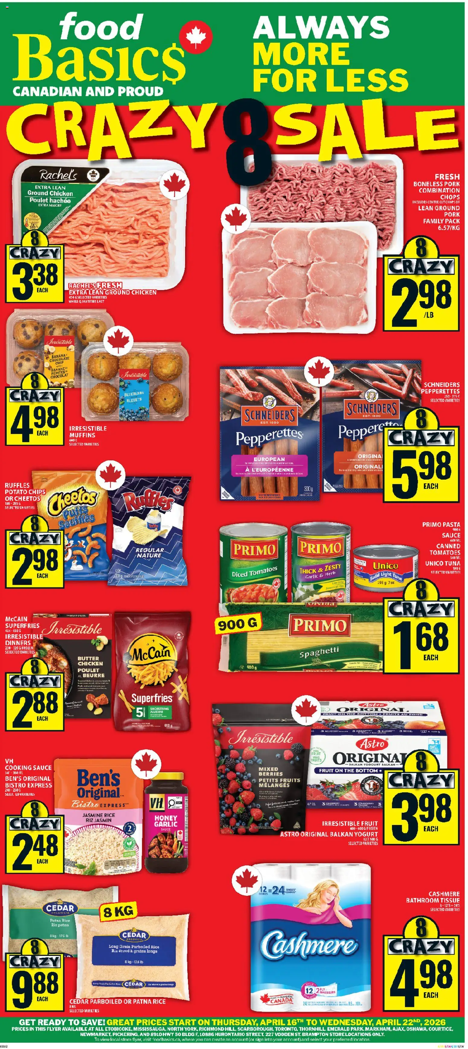 Food Basics flyer valid from 16.04.2026 | Page: 1 | Products: Yogurt, Chicken, Pork, Tomatoes