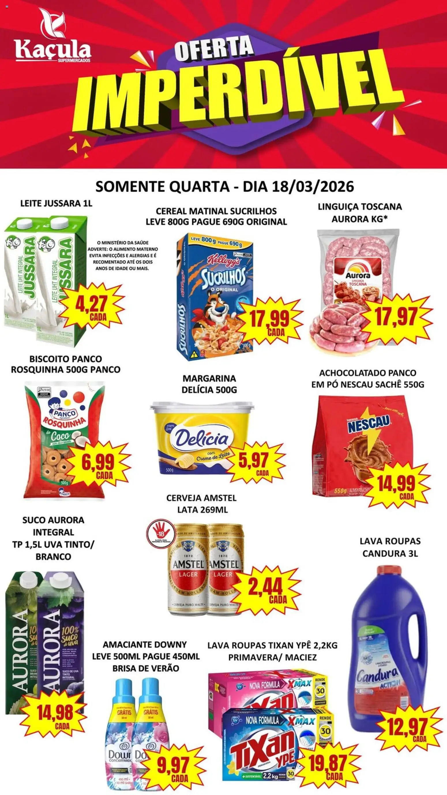 Kaçula Folheto - válido de 18.03.2026 | Página: 1 | Produtos: Achocolatado, Suco, Roupas, Creme de leite