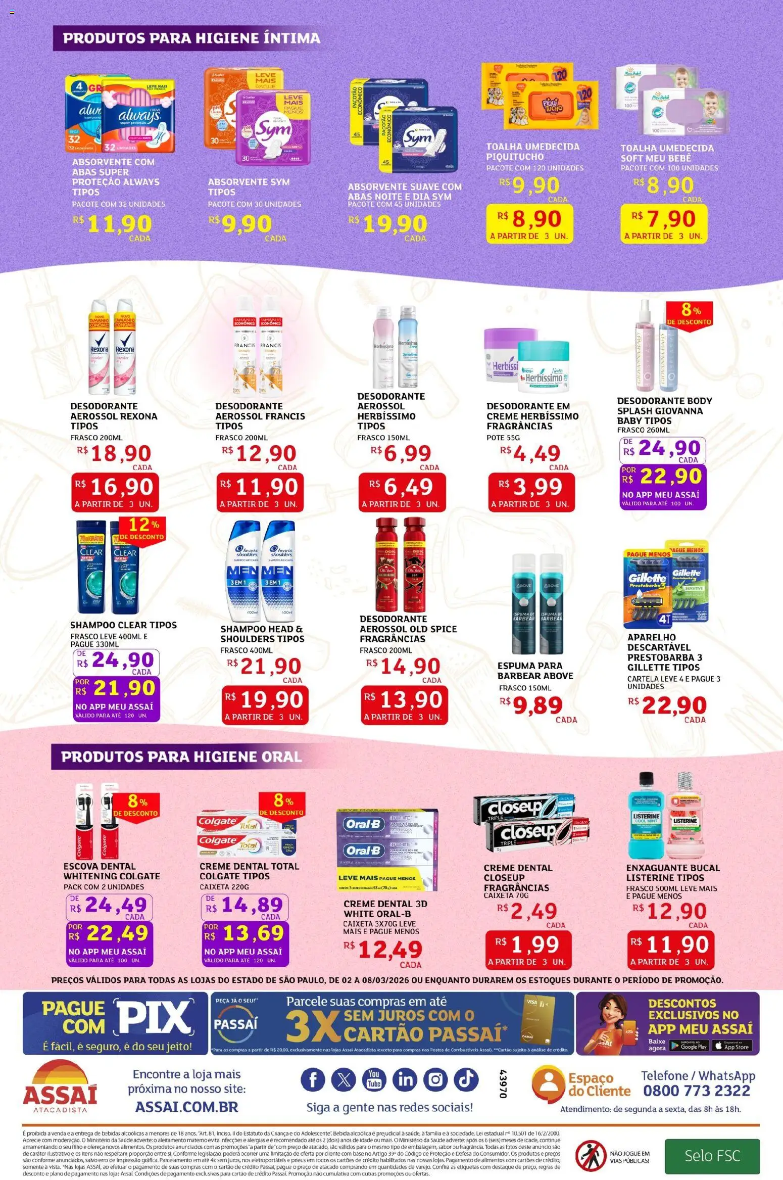 Assaí Atacadista Folheto - válido de 02.03.2026 | Página: 4 | Produtos: Enxaguante bucal, Bebida, Absorvente, Toalha umedecida