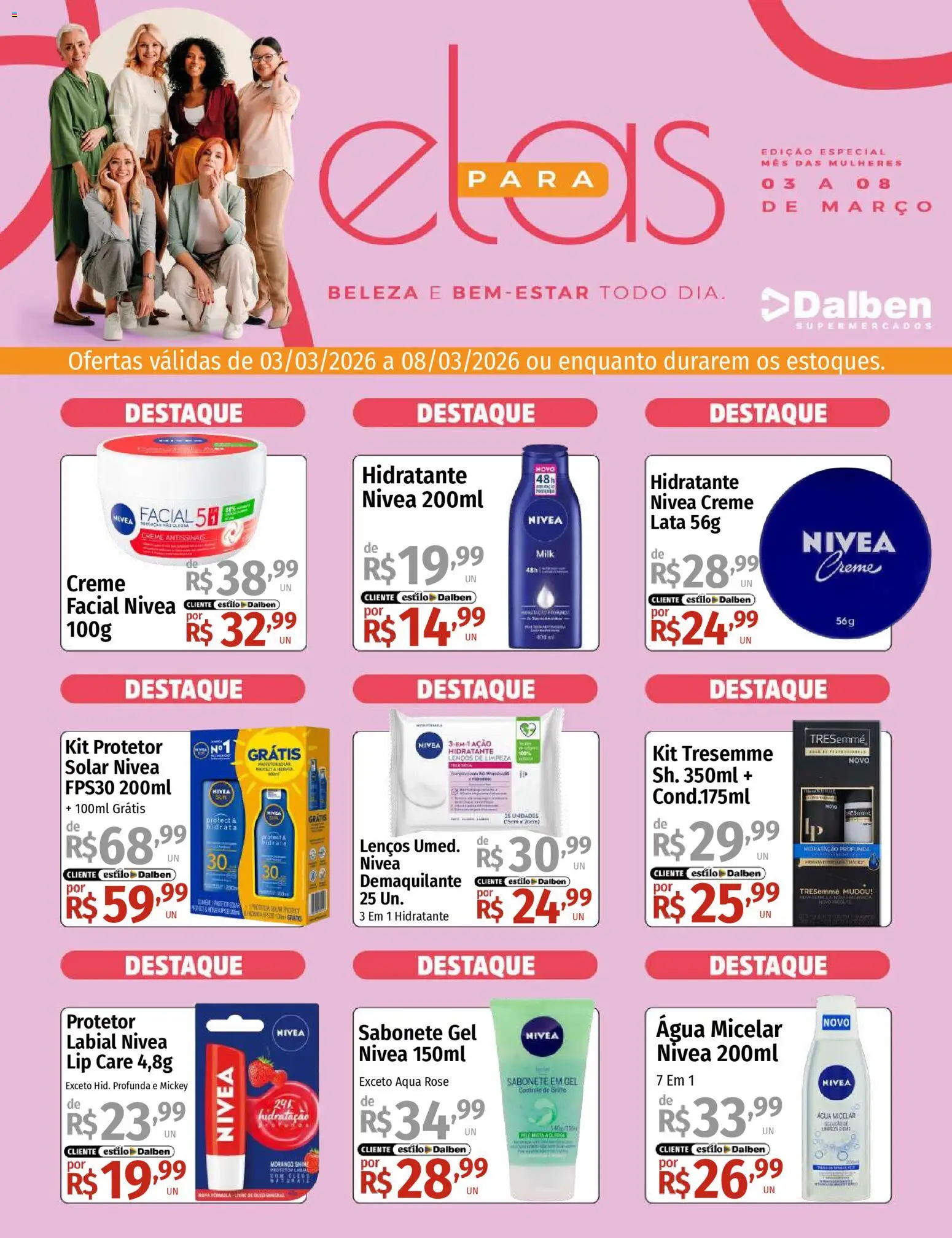 Supermercado Dalben Folheto - válido de 03.03.2026 | Página: 1 | Produtos: Água micelar, Creme, Sabonete, Protetor labial