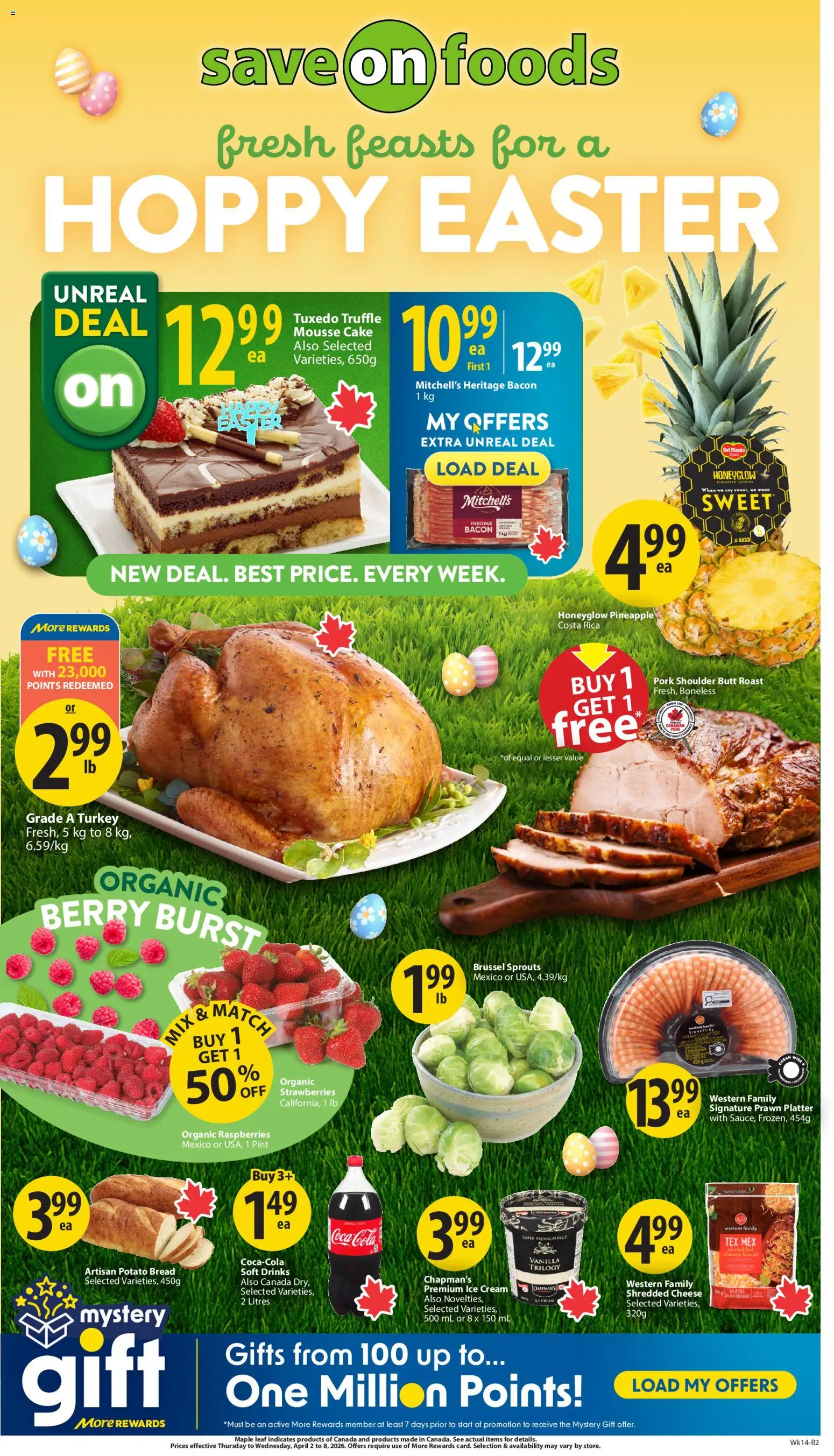 Save on foods flyer valid from 02.04.2026 | Page: 2 | Products: Pineapple, Strawberries, Ice cream, Bread