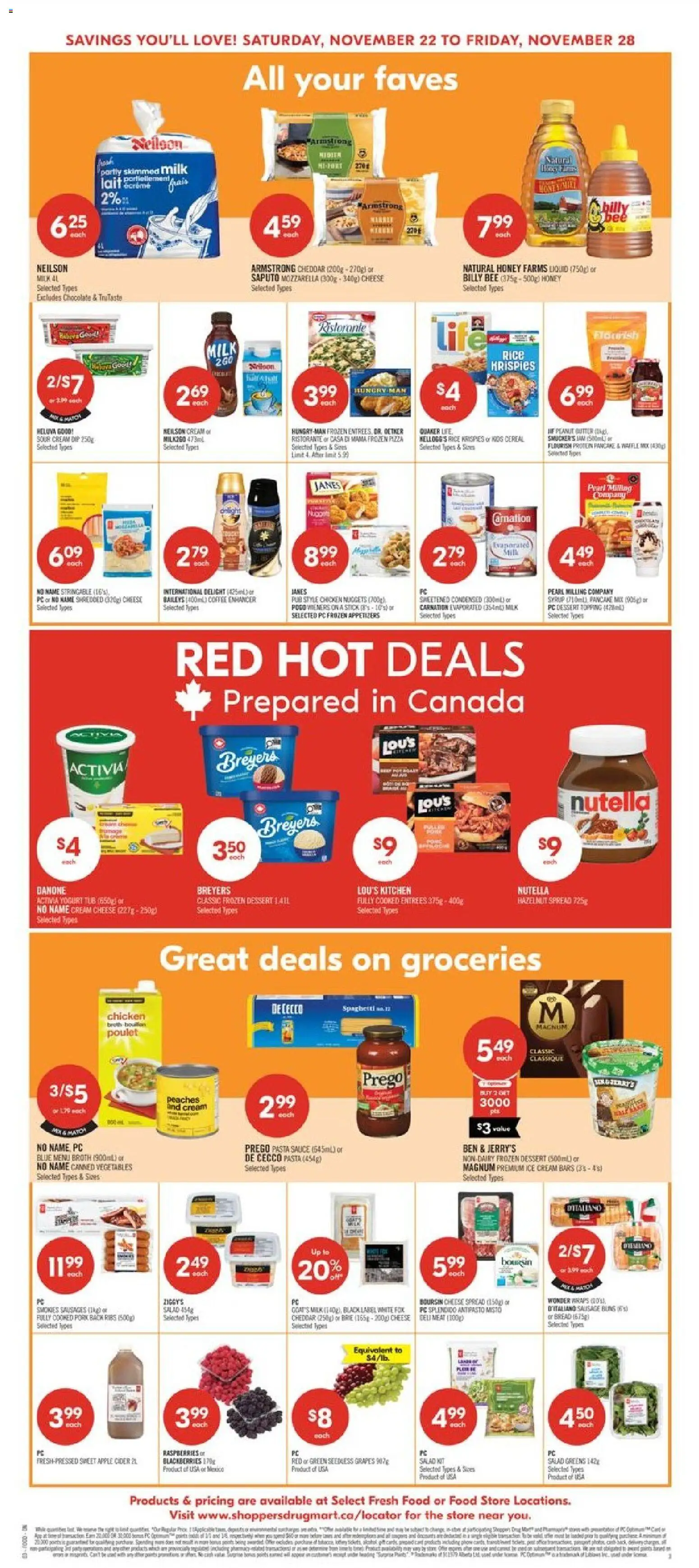 Shoppers flyer valid from 22.11.2025 | Page: 3 | Products: Pasta, Ice cream, Salad, Pizza