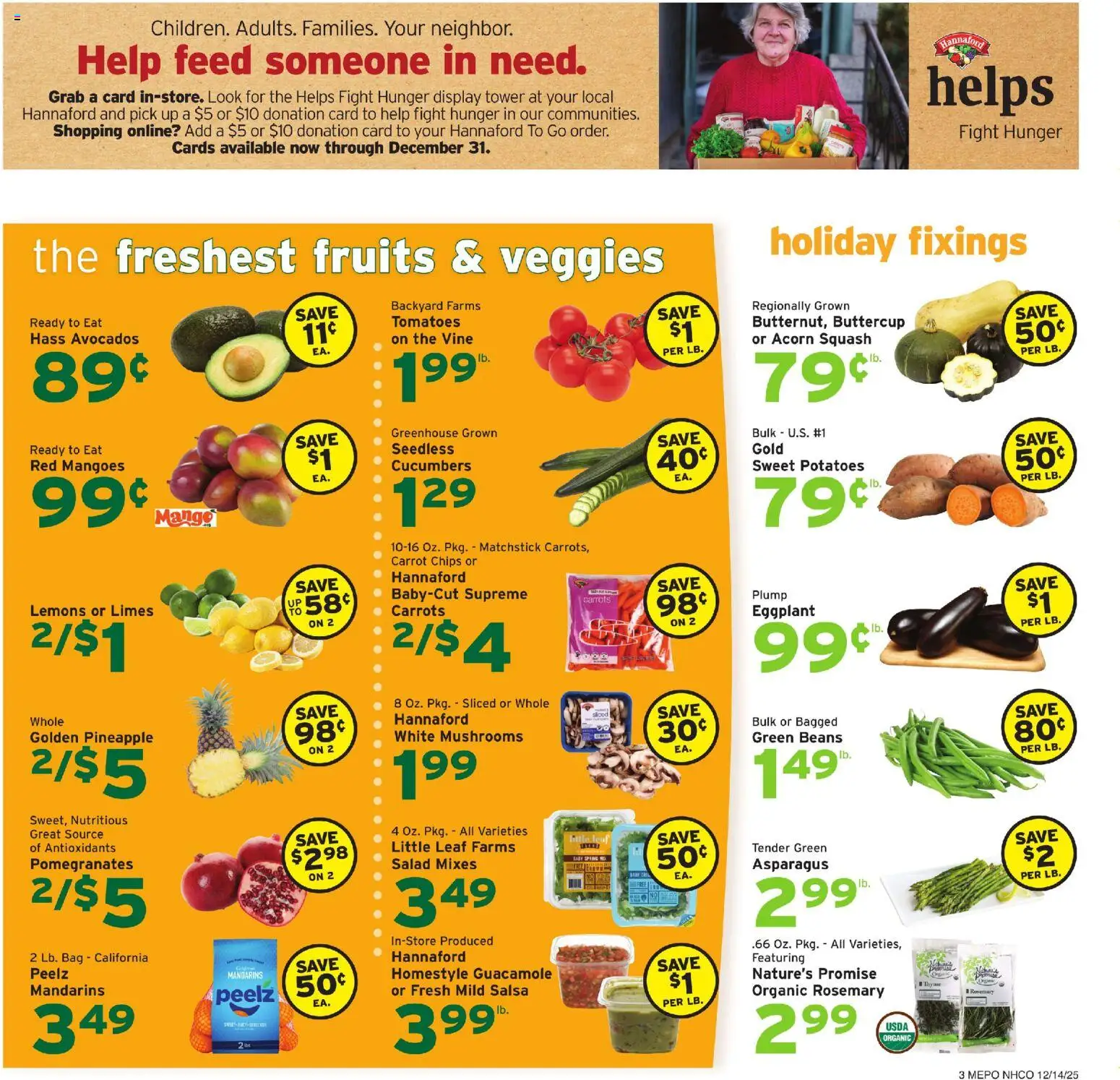 Hannaford Weekly Ad - valid from 14.12.2025 | Page: 3 | Products: Mushrooms, Pineapple, Chips, Mango